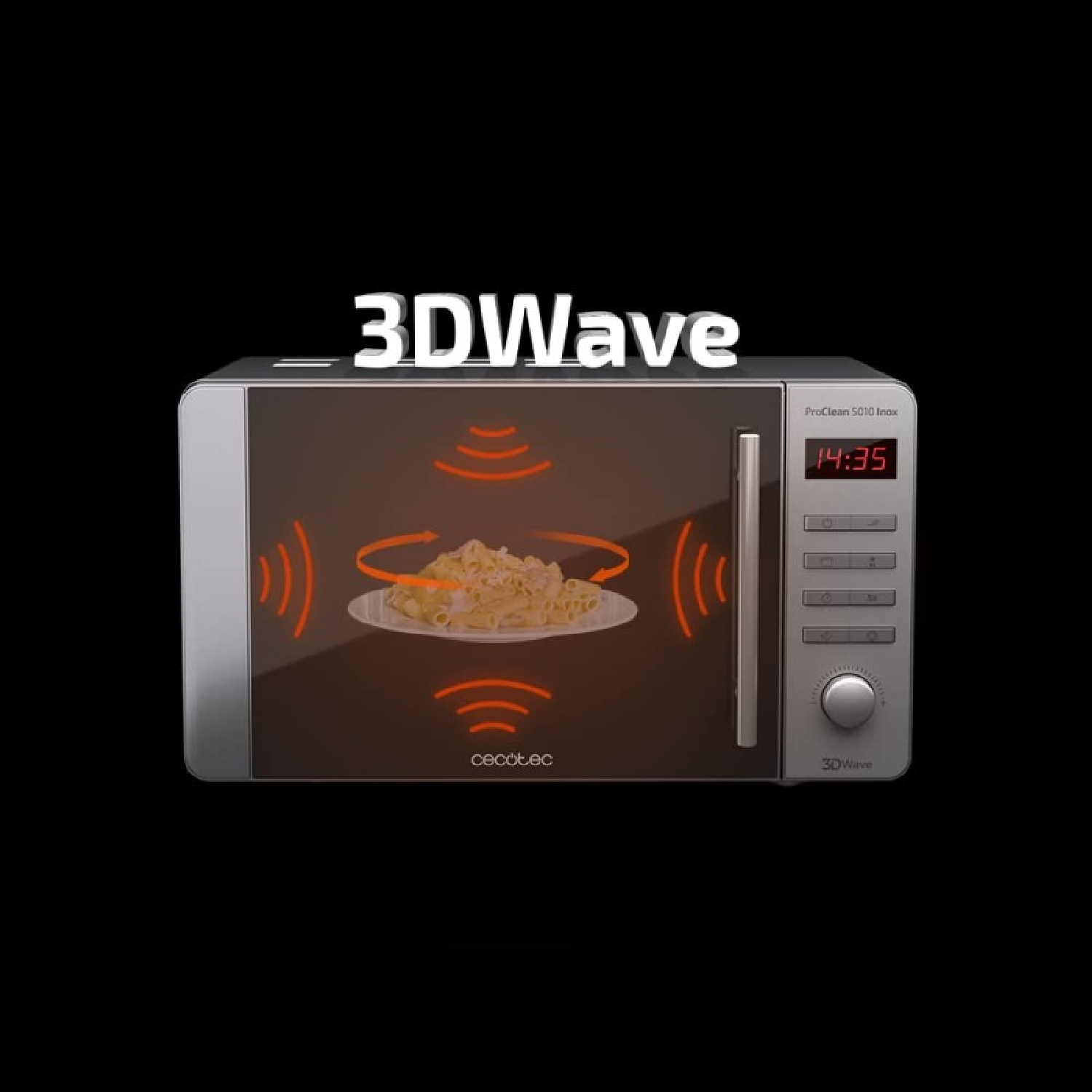 Un forno a microonde con la scritta 3DWave sopra. All'interno, pasta su un piatto, con linee ondulate arancioni. L'ora è 14:35.