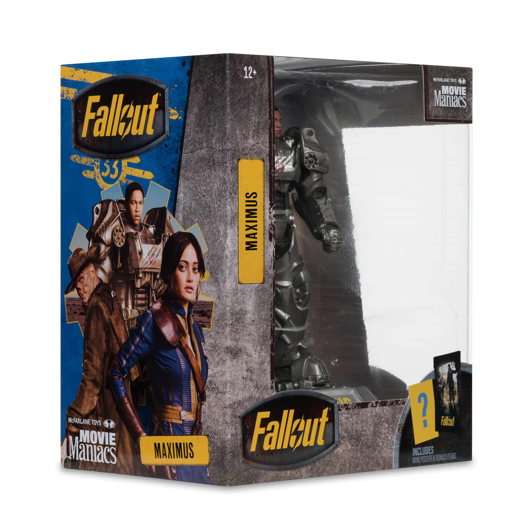Giocattolo di Fallout in scatola con il personaggio Maximus. La scatola mostra i personaggi e il logo del gioco. La figura è visibile.