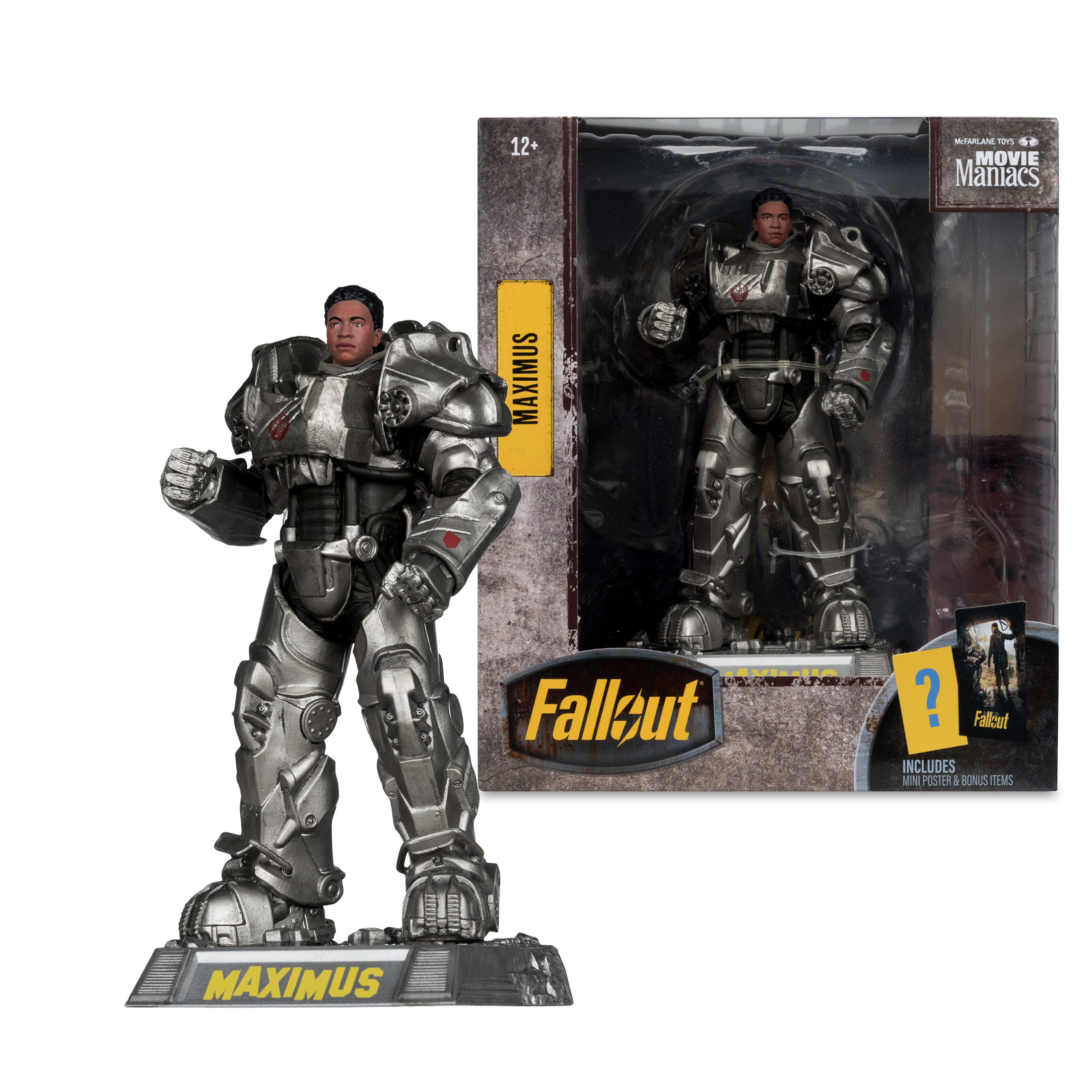 Una action figure di Fallout Maximus è accanto alla sua confezione. La figura è argentata, con una testa dai capelli neri e una base che dice 'MAXIMUS'.
