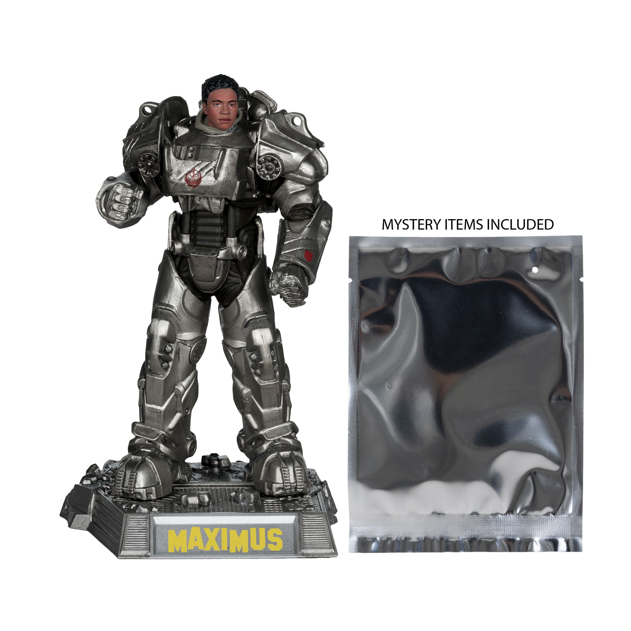 Una statuetta di Maximus in armatura potenziata accanto a un sacchetto d'argento sigillato con 'Mystery Items Included'.