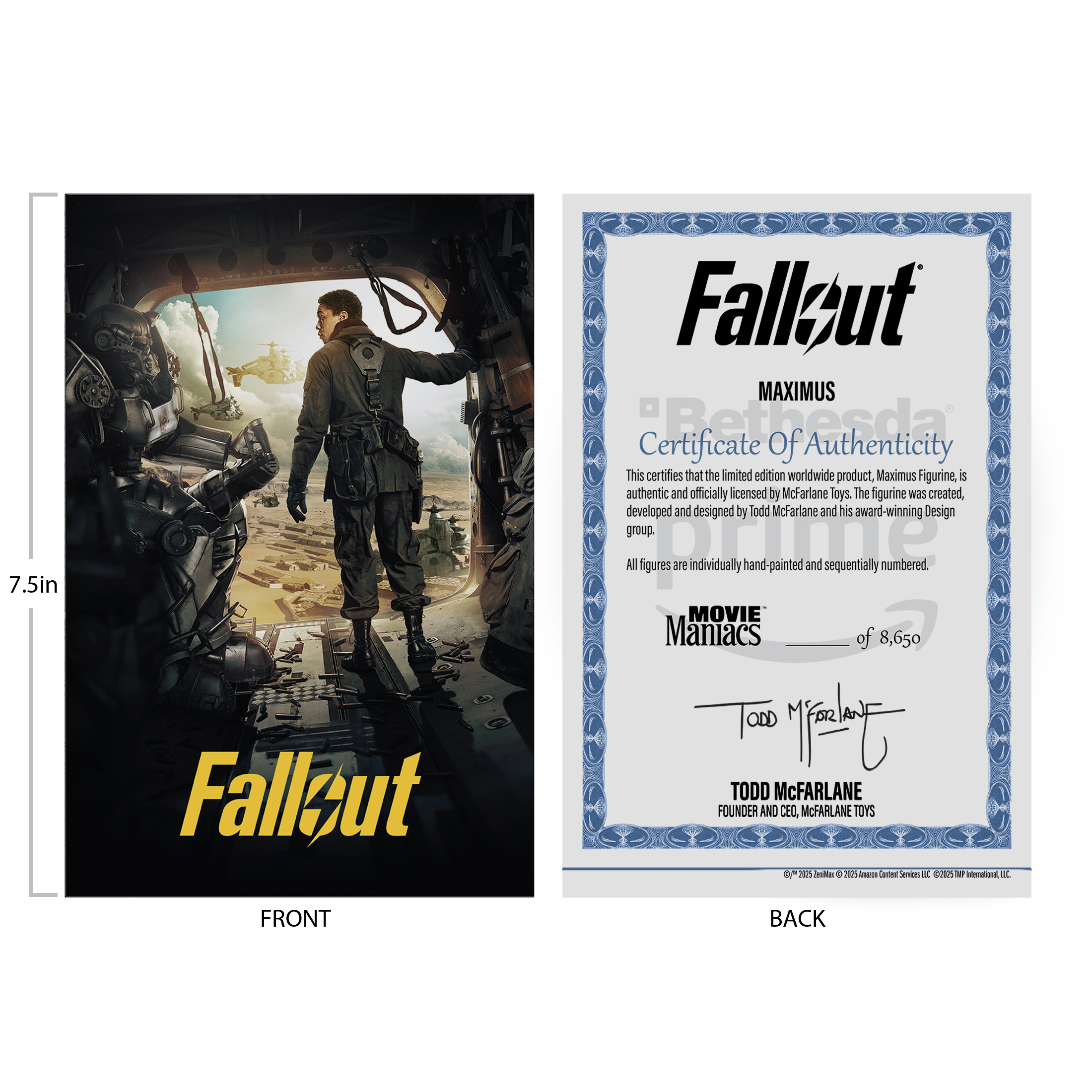 La copertina di Fallout mostra un uomo su una piattaforma con il logo Fallout. Il retro ha un certificato di autenticità.