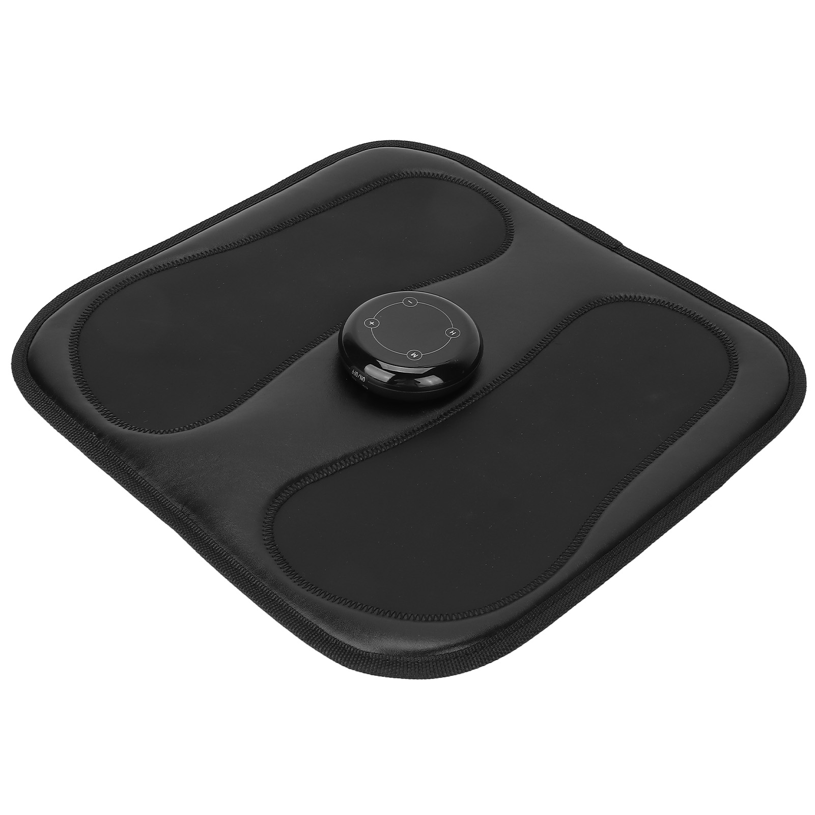 Ein schwarzes Massagepad mit zentraler Steuereinheit. Es ist quadratisch mit abgerundeten Ecken und schwarzen Nähten.