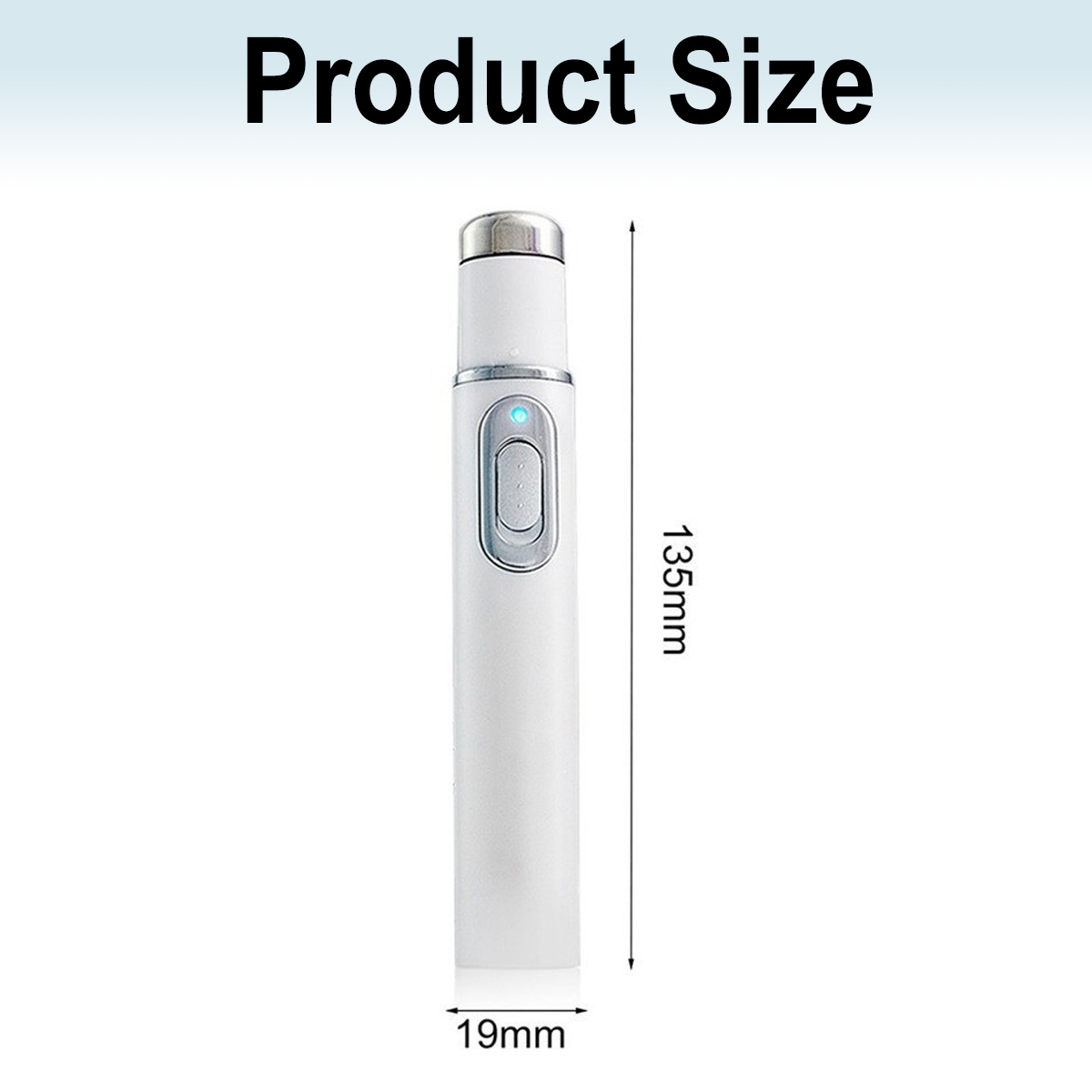 Ein weißer Laserstift mit beschrifteten Abmessungen. Er ist 135 mm lang und 19 mm breit. Über dem Stift steht der Text 'Produktgröße'.