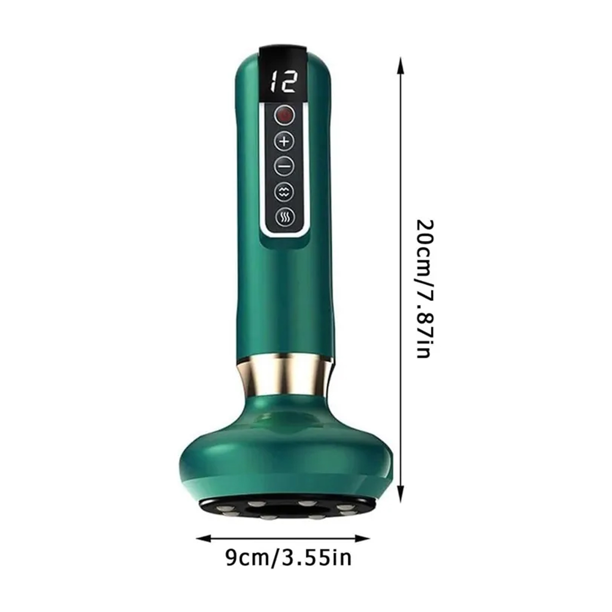 Ein grünes Schönheitsgerät mit Digitalanzeige. Es misst 20 cm/7,87 Zoll in der Höhe und 9 cm/3,55 Zoll in der Breite.