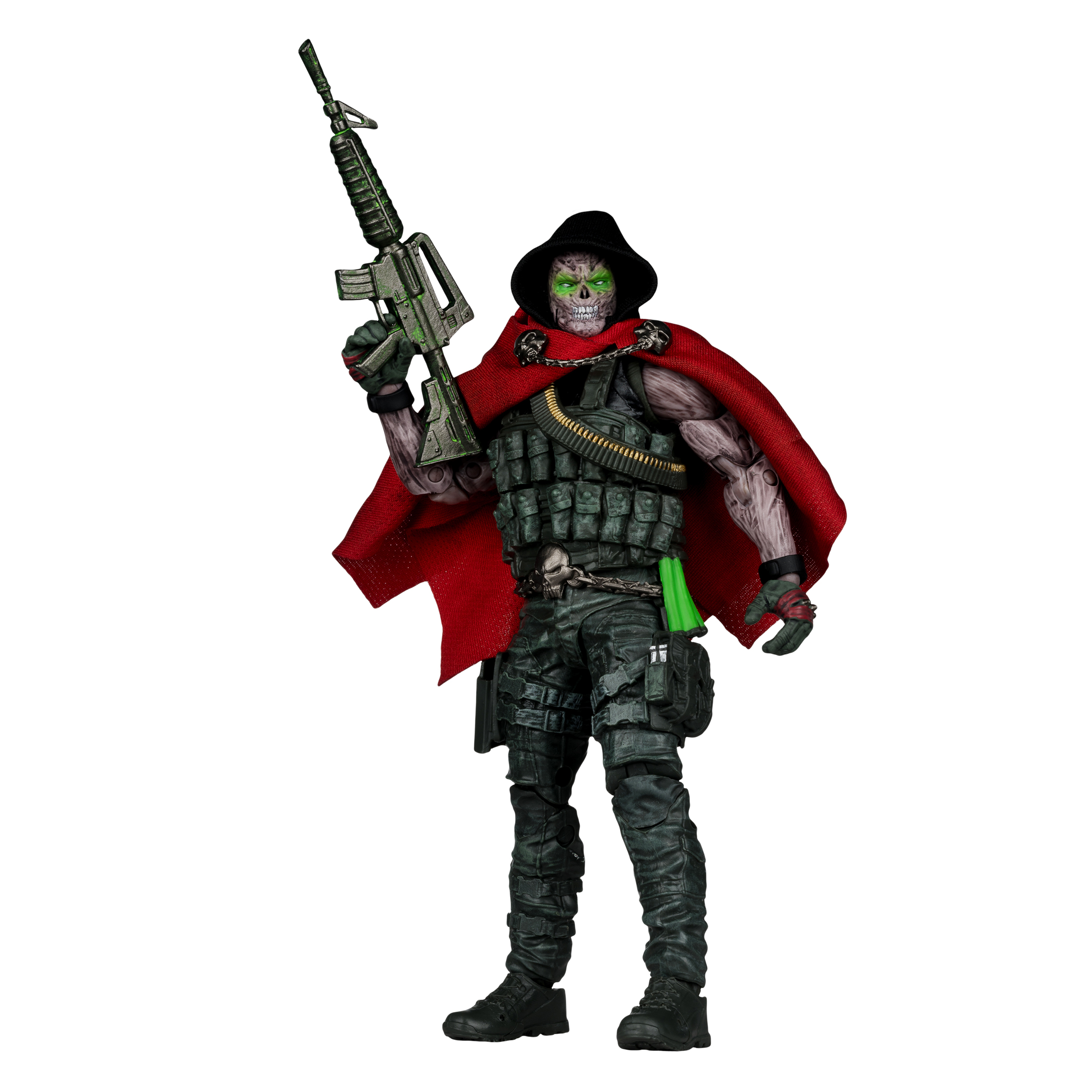 Figur eines Soldaten mit Totenkopfgesicht, der ein Gewehr hält, eine schwarze Kapuze, einen roten Umhang und taktische Ausrüstung trägt.
