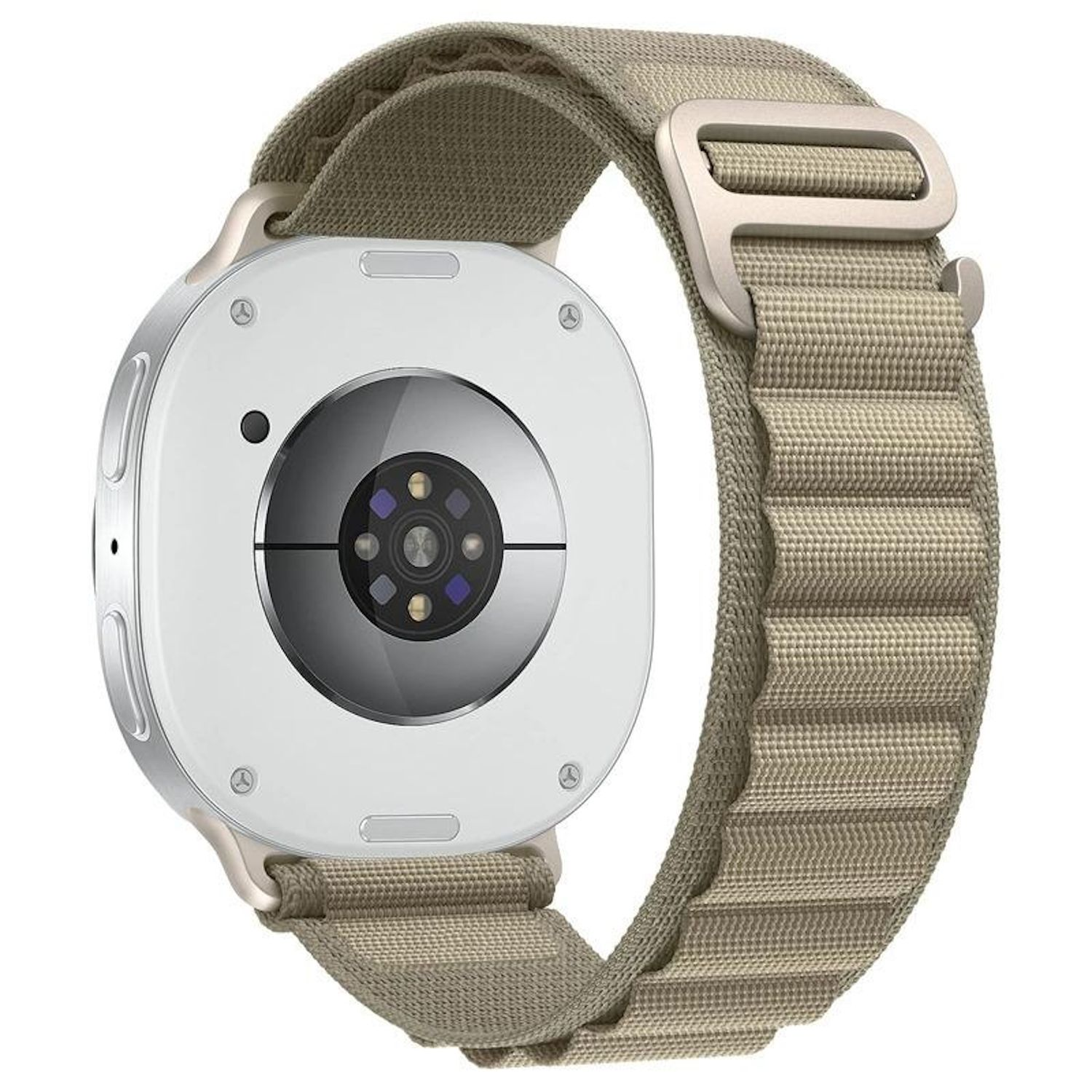Nahaufnahme einer Smartwatch mit beigem Stoffarmband. Das Zifferblatt ist weiß mit einem schwarzen Sensor und silbernen Rändern.