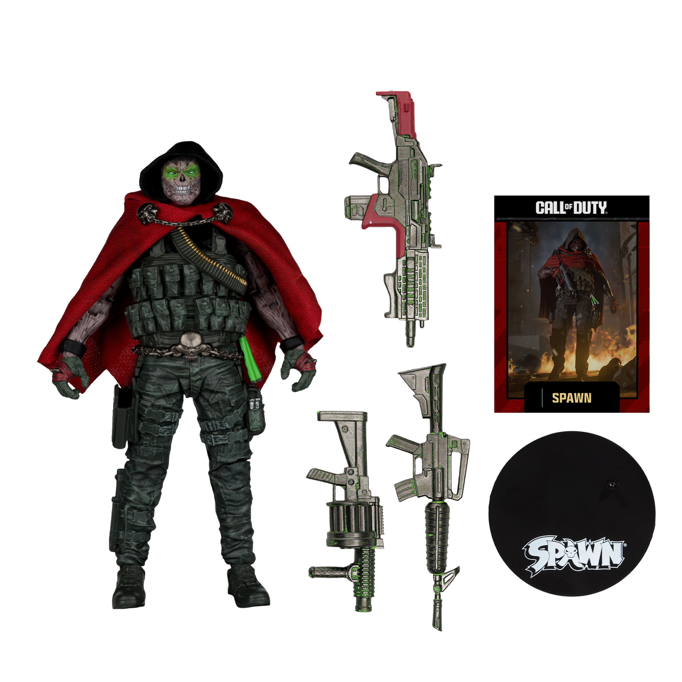 Spawn-Actionfigur mit Waffen, einer Karte und einer Basis. Sie hat einen roten Umhang, ein schwarzes Outfit und eine schädelartige Maske.