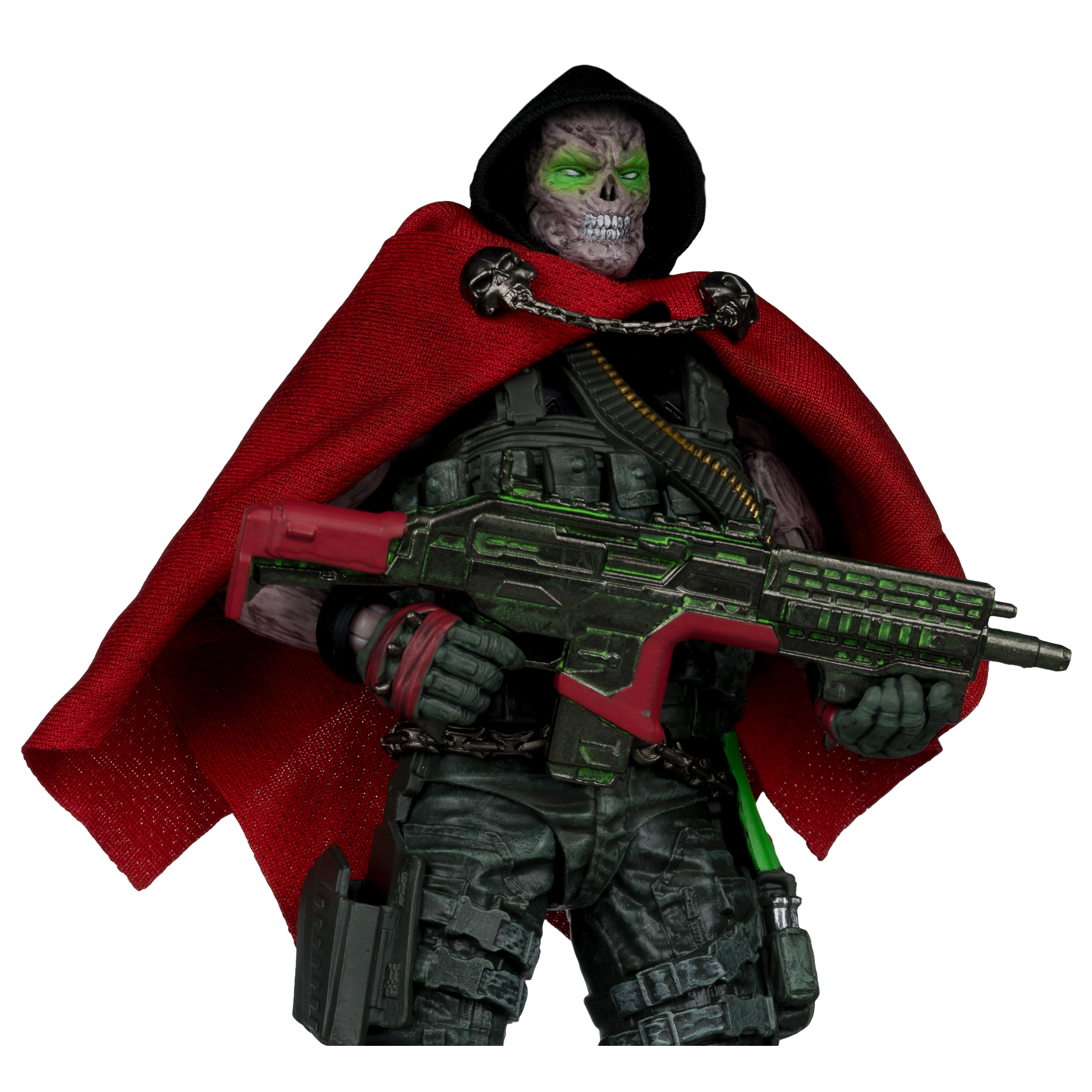 Figur eines Skelettgesichts mit schwarzer Kapuze und rotem Umhang, das eine grün-rote Waffe hält. Schwarze Rüstung, Kettendetail.