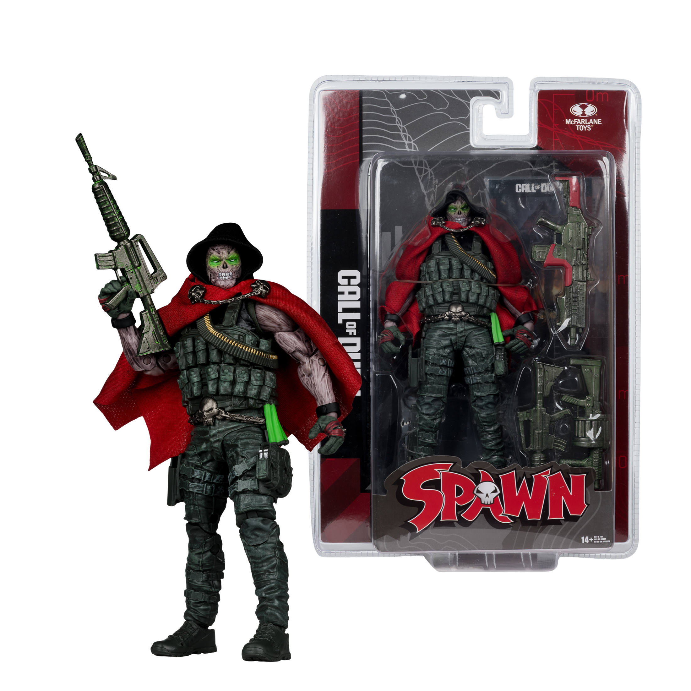 Spawn-Actionfigur mit grünem Totenkopfgesicht, rotem Umhang und grünem Gewehr, verpackt neben einer anderen in einer durchsichtigen Hülle.