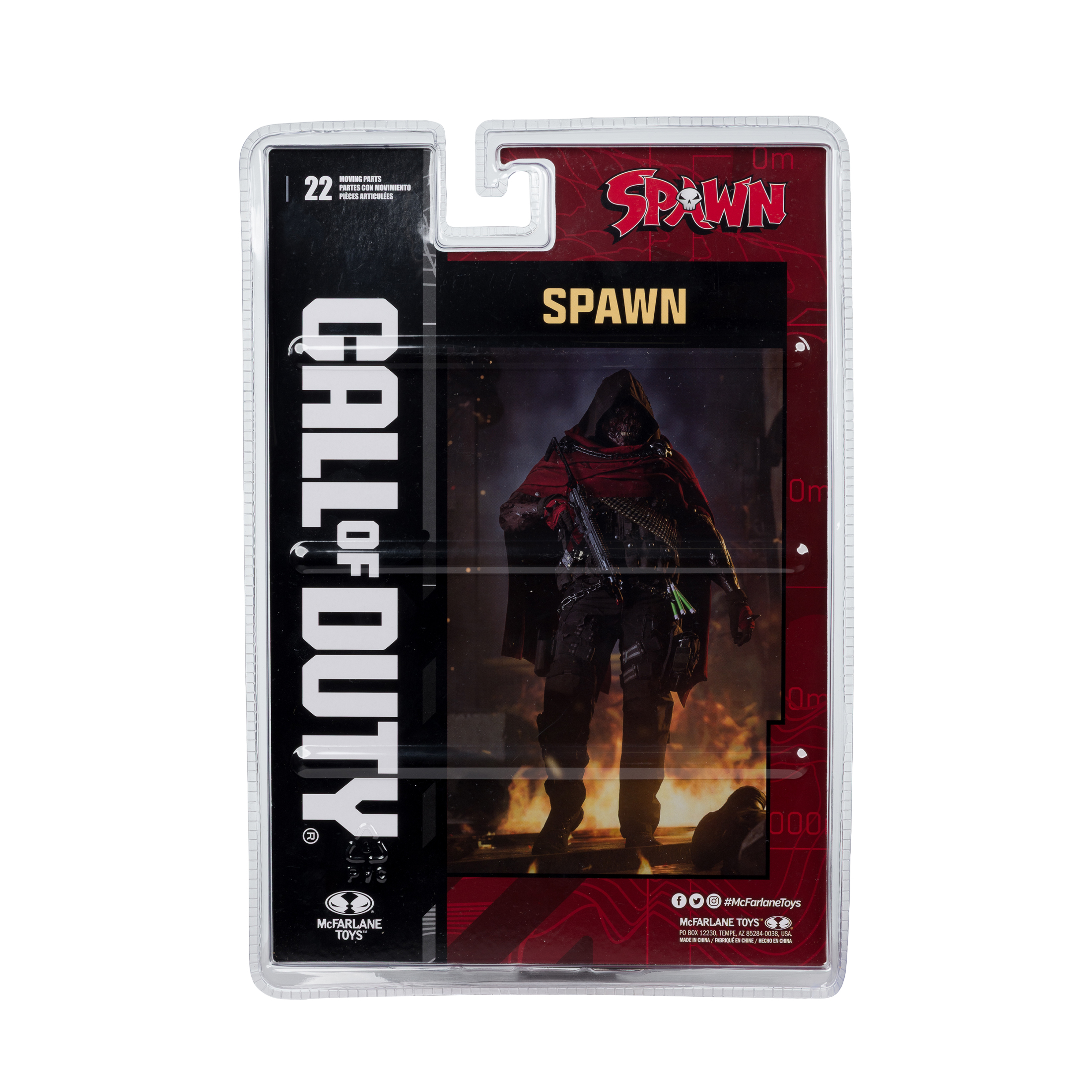 Eine Spawn-Actionfigur in einer Call of Duty-Verpackung. Die Figur ist dunkel mit rotem Umhang. Die Verpackung enthält das McFarlane Toys Logo.