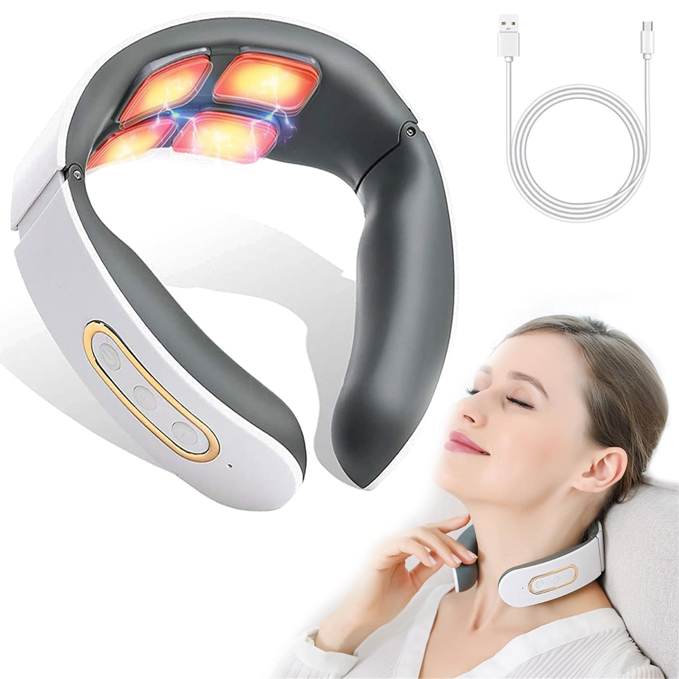 Eine Frau benutzt ein Nackenmassagegerät. Das Massagegerät ist weiß und grau. Es hat rote Lichter. Ein USB-Kabel ist ebenfalls im Bild.