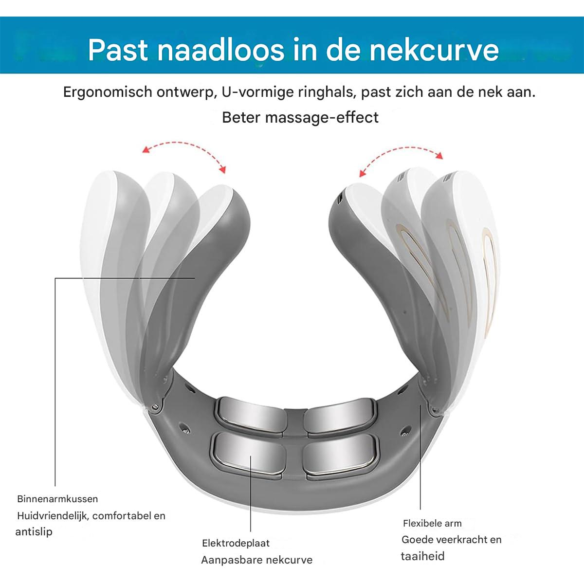 U-förmiges Nackenmassagegerät in Grau und Weiß. Es hat flexible Arme und Elektrodenplatten. Text auf Niederländisch.
