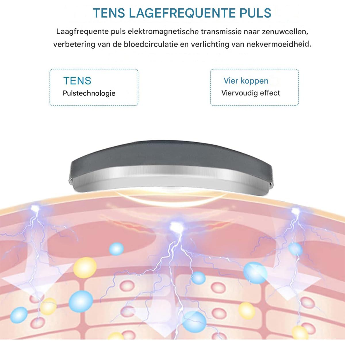 Das Bild zeigt ein Gerät über der Haut. Der Text erklärt Niederfrequenzimpulse für Nervenzellen, verbesserte Durchblutung und Nackenermüdungsentlastung.