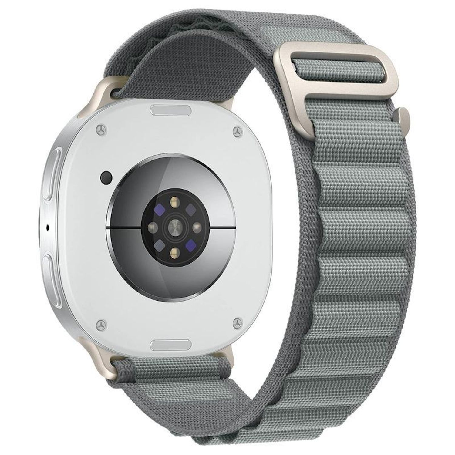 Nahaufnahme einer Smartwatch mit grauem Band. Das Zifferblatt ist weiß und das Band hat eine silberne Schnalle.