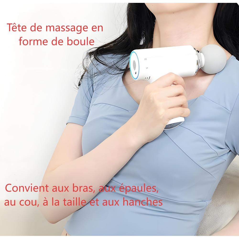 Eine Person hält eine weiße Massagepistole mit grauem Kopf an ihrem Hals. Der Text beschreibt die Verwendung des Produkts für verschiedene Körperteile.