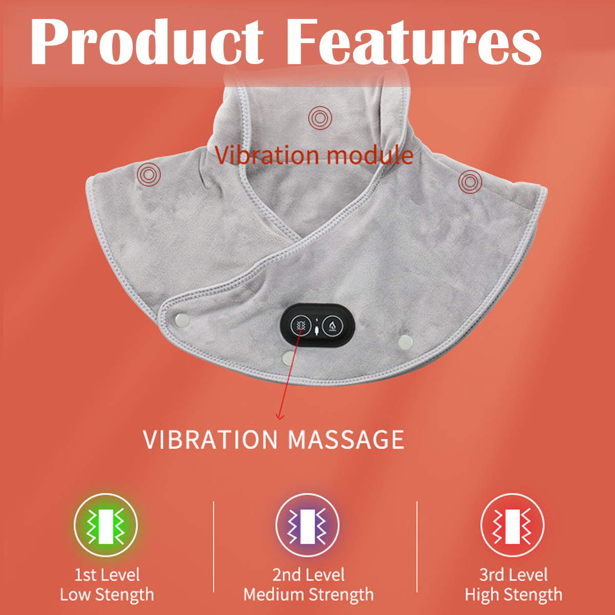 Ein grauer Nackenmassagegerät mit Vibrationseinstellungen, Knöpfen und einem Bedienfeld. Zeigt die Stufen: niedrig, mittel und hoch.