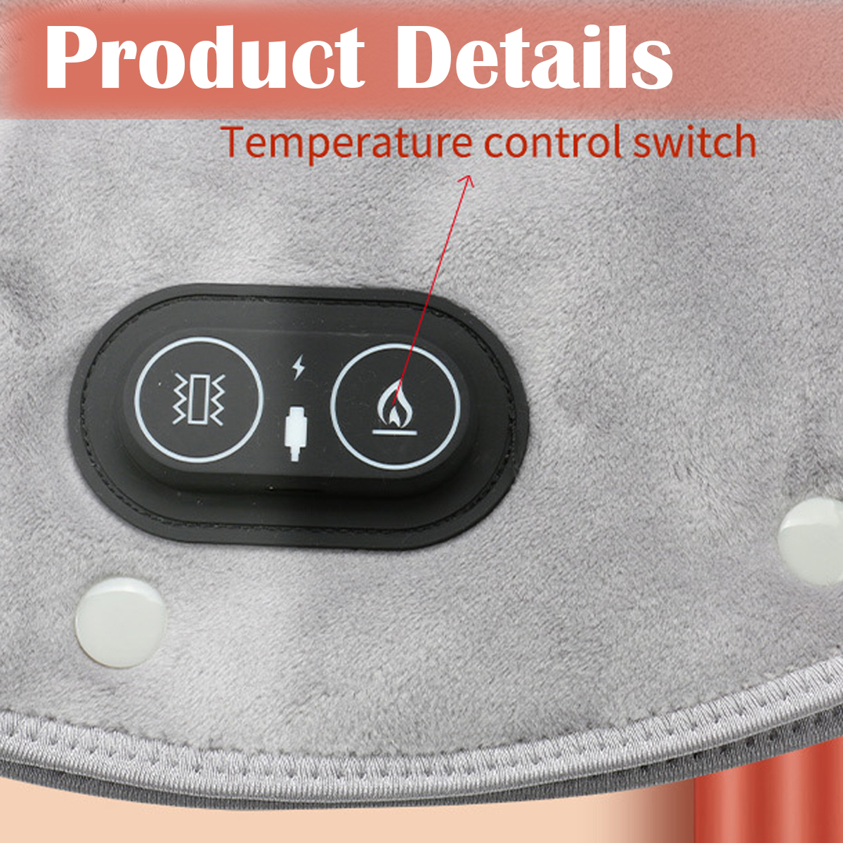 Nahaufnahme eines grauen Heizkissens mit schwarzem Bedienfeld. Das Feld hat Symbole für Strom, Wärme und andere Einstellungen. Der Text lautet "Produktdetails".