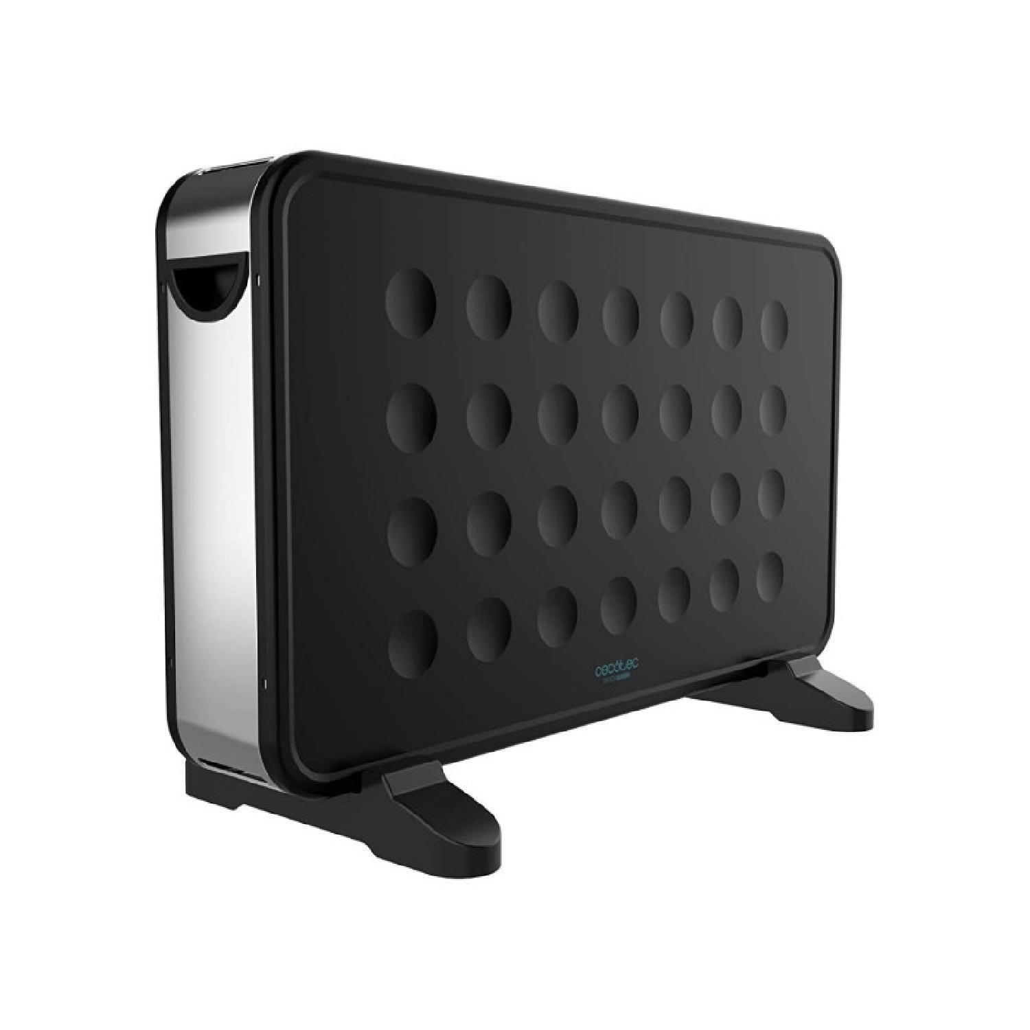 Termoventilatore elettrico nero e argento. Ha un frontale nero con rientranze circolari. Il lato è argentato con una maniglia. Poggia su due piedini neri.
