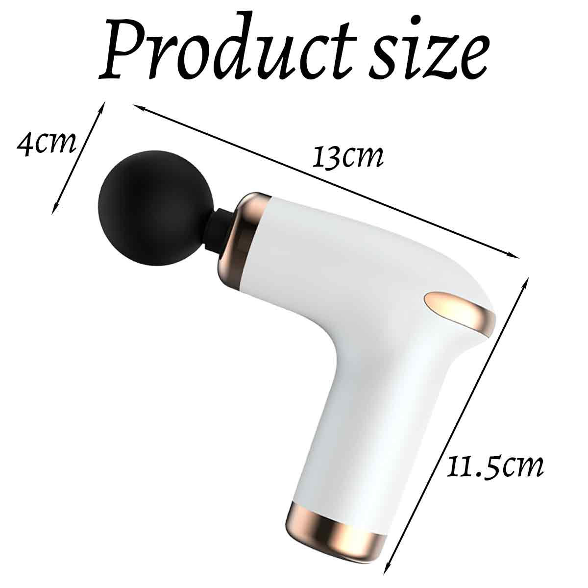 Eine weiße Massagepistole mit schwarzem Kopf, mit den Maßen: 4 cm, 13 cm und 11,5 cm. Der Text lautet 'Produktgröße'.