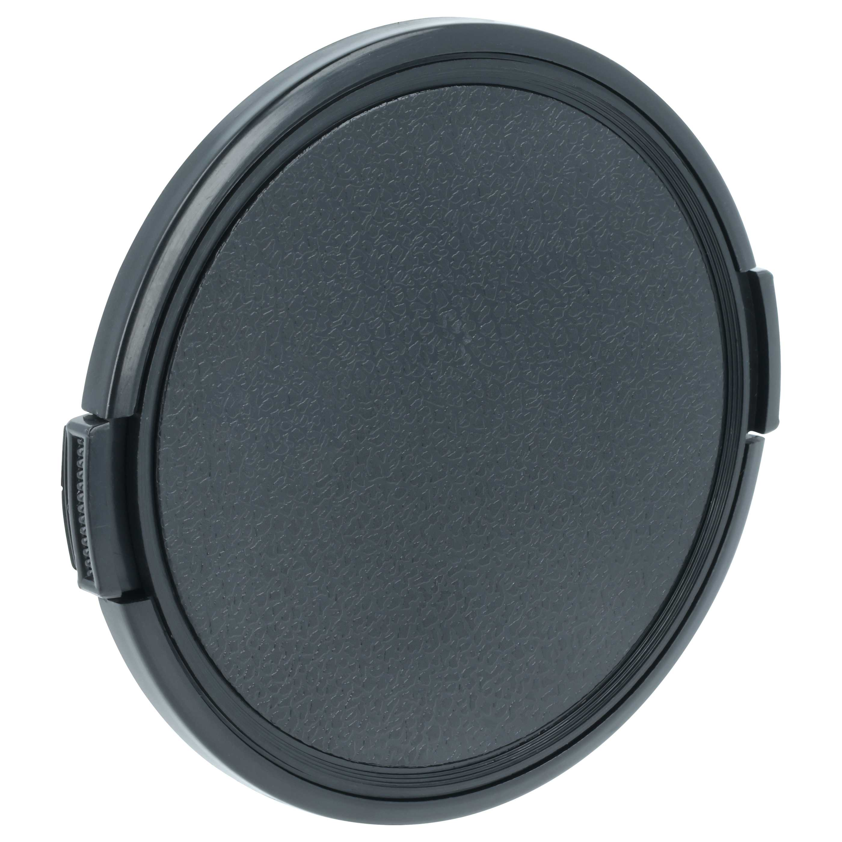 Eine schwarze Objektivkappe mit strukturierter Oberfläche und rundem Design. Weißer Hintergrund.