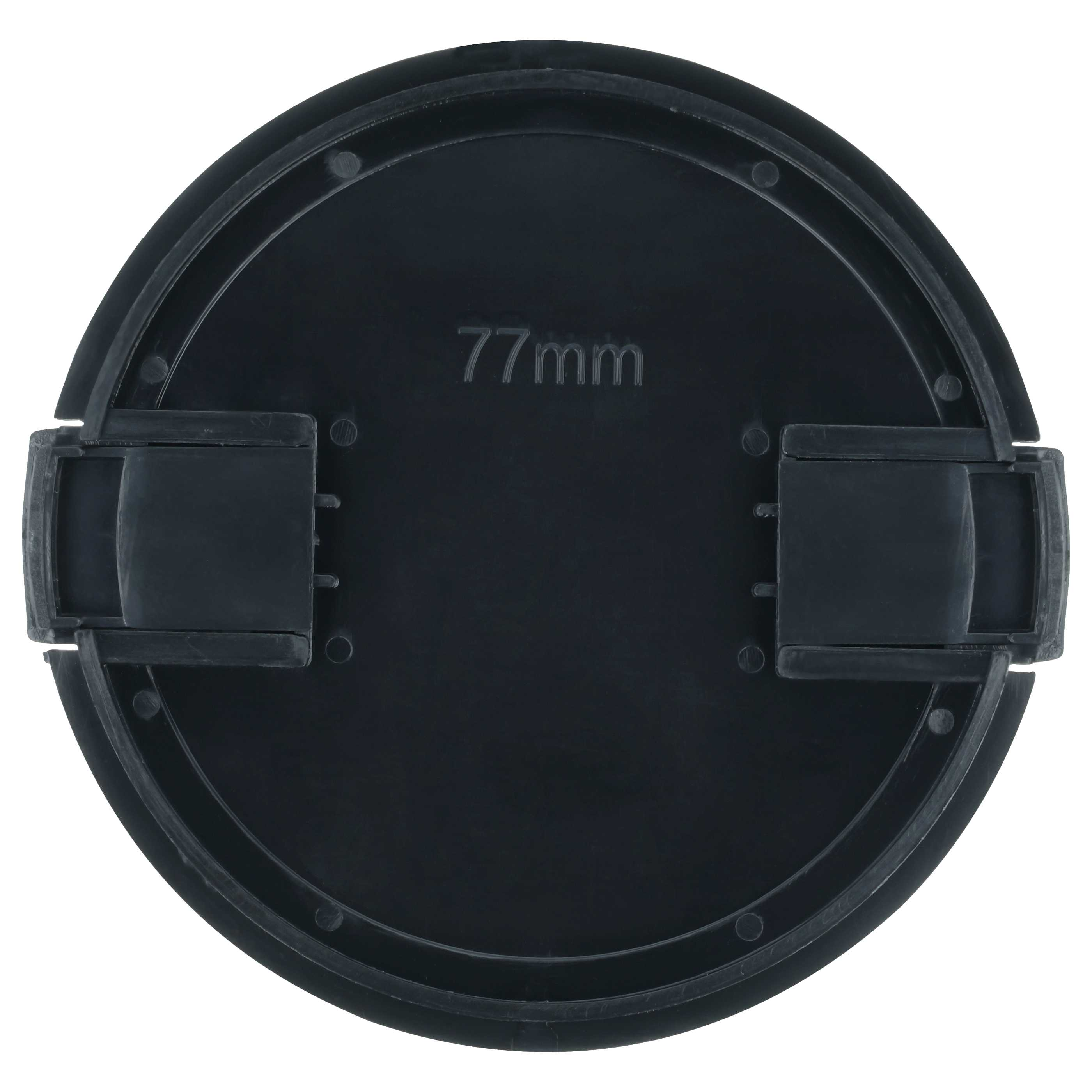 Eine schwarze Objektivkappe mit 77mm-Schriftzug. Es hat zwei Clips an den Seiten und ist vor weißem Hintergrund.