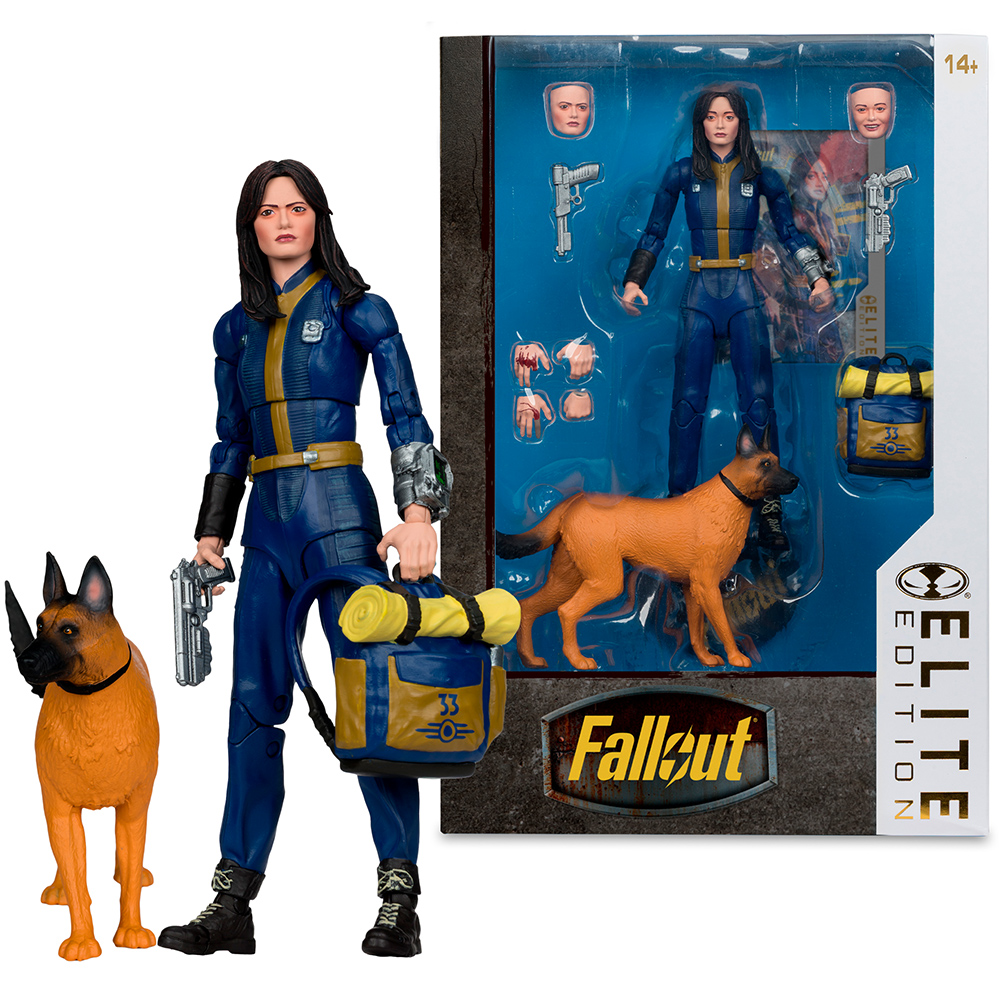 Action figure di una donna in tuta blu con un cane. Tiene una pistola e uno zaino. Un'altra figura e un cane nella confezione.