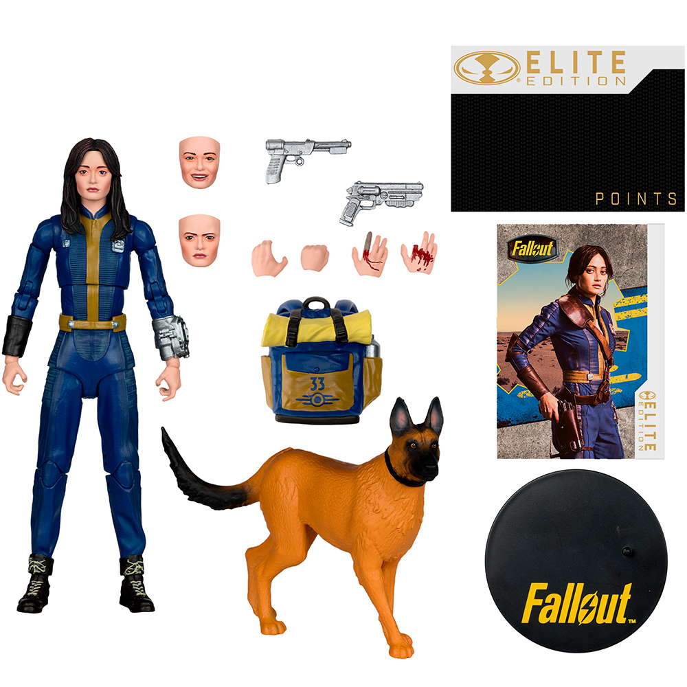 Un set di figure di Fallout. Include una figura femminile, un cane, uno zaino, pistole e parti del viso extra. Sono presenti anche un poster e un supporto.