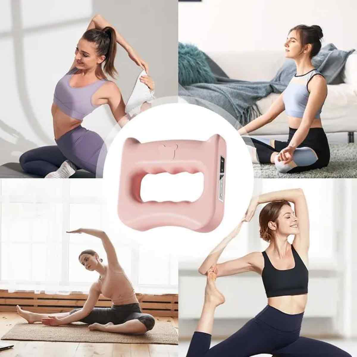 Vier Frauen machen Yoga-Posen. Ein rosa Übungsgriff befindet sich in der Mitte. Sie sind in verschiedenen Räumen.