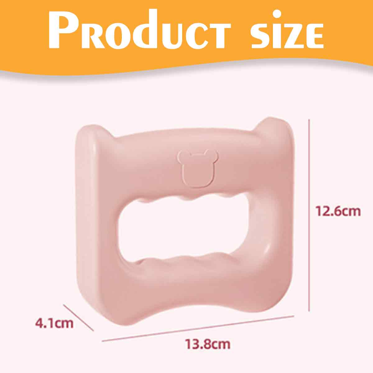 Ein rosa, rechteckiger Griff mit Maßen: 13,8 cm, 12,6 cm und 4,1 cm. Er hat einen bärenförmigen Ausschnitt und den Text "Produktgröße".