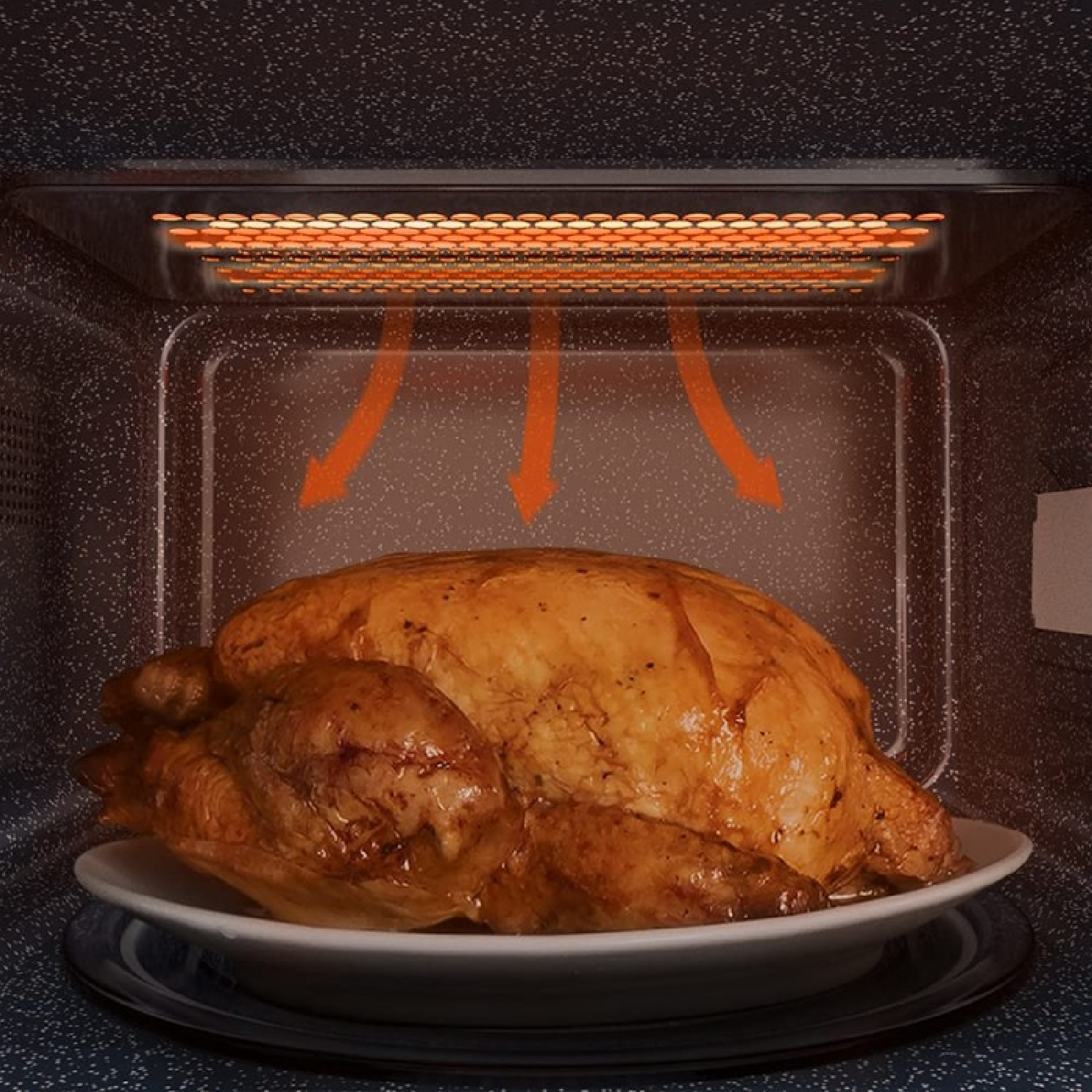 All'interno di un microonde, un pollo arrosto è su un piatto. Le frecce indicano il flusso di calore dall'alto. L'interno è scuro.