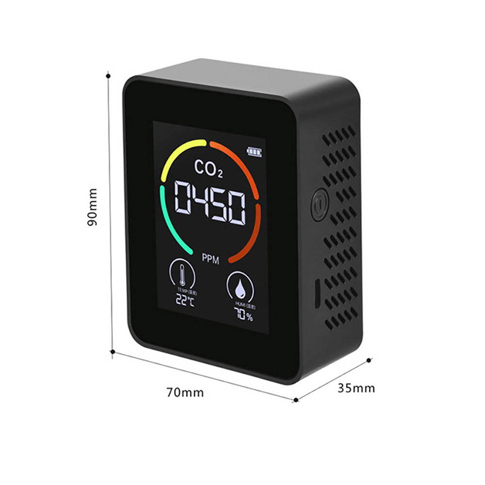 Schwarzer CO2-Monitor. Zeigt CO2-Wert, Temperatur und Luftfeuchtigkeit an. Abmessungen: 90 mm x 70 mm x 35 mm. Der Bildschirm zeigt 0450 PPM an.
