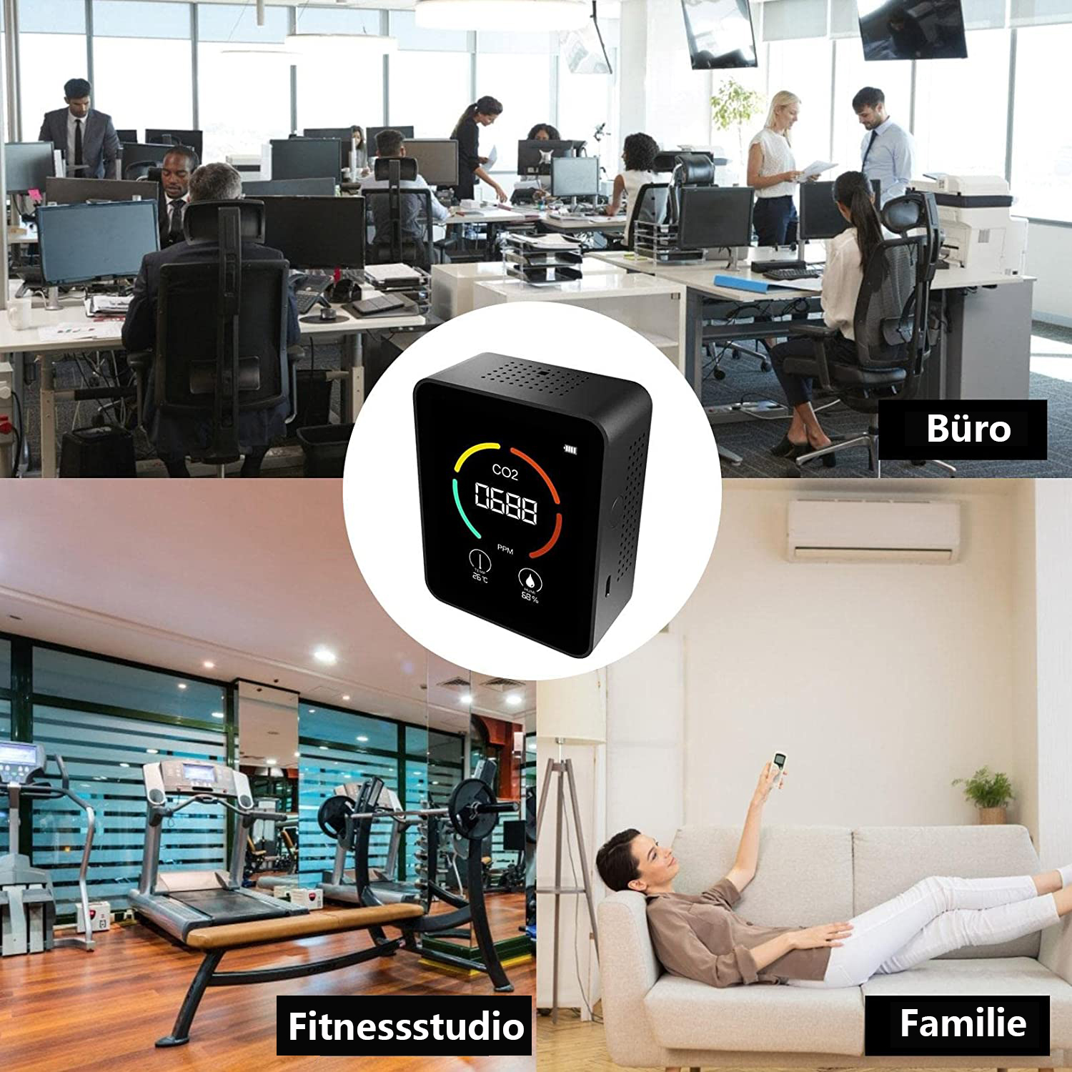 Das Bild zeigt einen CO2-Monitor und Szenen aus einem Büro, einem Fitnessstudio und einer Frau auf einem Sofa. Monitor zeigt CO2-Wert, Temperatur und Luftfeuchtigkeit.