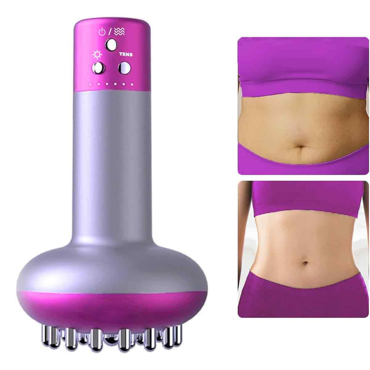 Ein rosa-graues Körpermodellierungsgerät. Zwei Bilder des Bauches einer Frau befinden sich auf der rechten Seite, vorher und nachher.