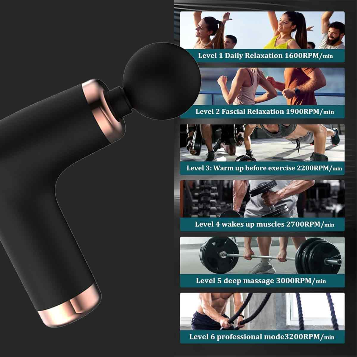 Eine schwarze Massagepistole mit roségoldenen Akzenten. Sechs Anwendungsstufen mit Sportlern: Entspannung, Aufwärmen, Muskelaufwecken und Tiefenmassage.