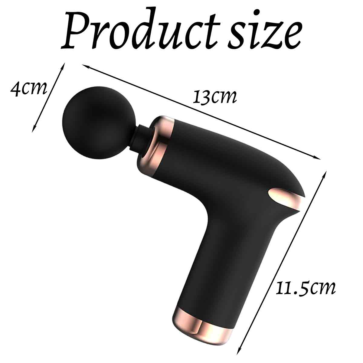 Eine schwarze Massagepistole mit goldenen Akzenten. Die Abmessungen sind angegeben: 4 cm, 13 cm und 11,5 cm. Der Text lautet 'Produktgröße'.