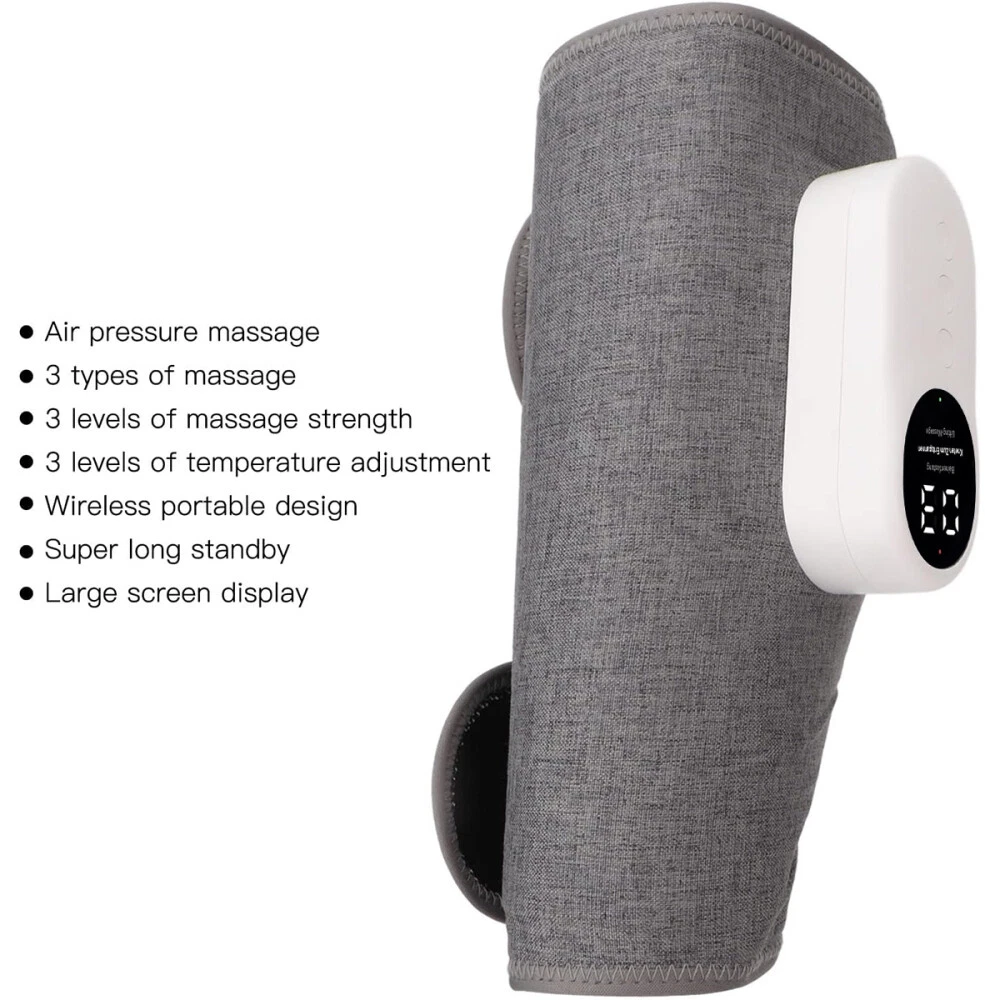 Ein graues Knie-Massagegerät mit weißer Steuereinheit. Merkmale umfassen Luftdruckmassage und einstellbare Einstellungen. Textetiketten sind enthalten.