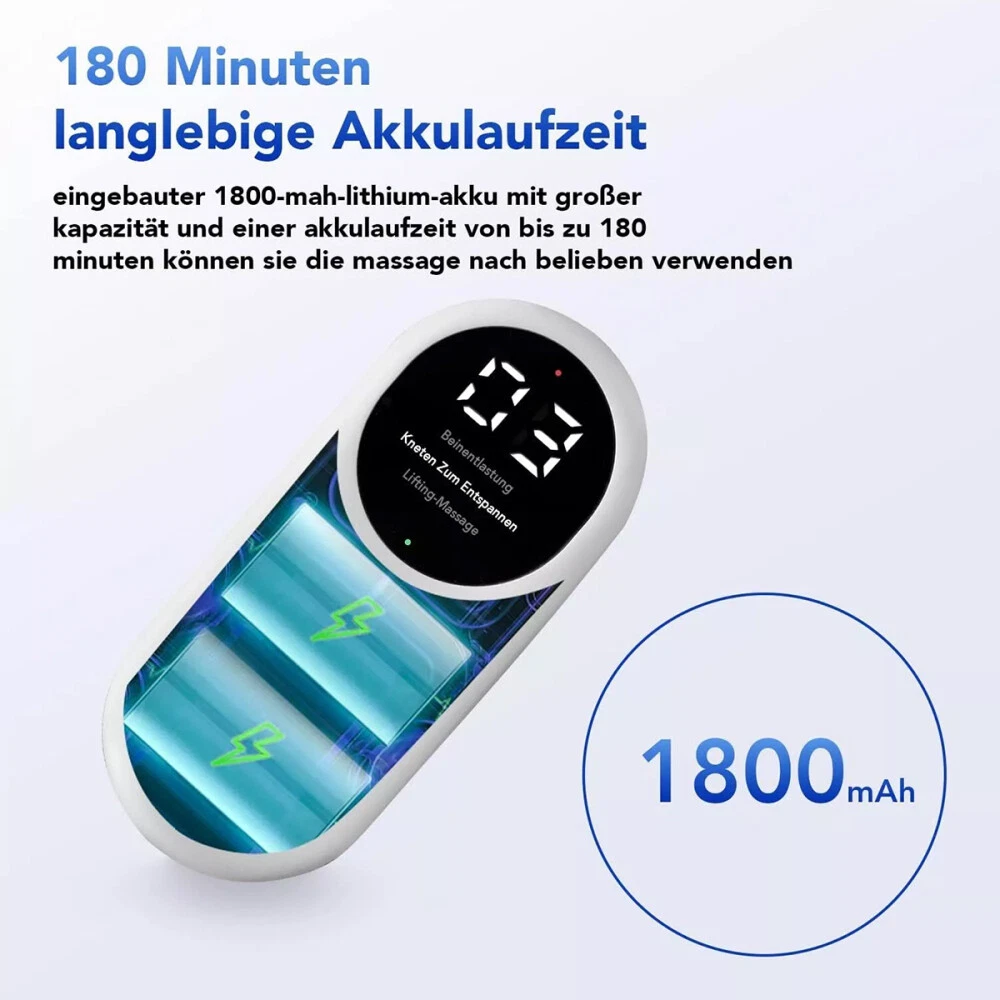 Ein weißes und blaues Gerät zeigt ein digitales Display. Es hat eine Batterieanzeige. Text sagt '180 Minuten langlebige Akkulaufzeit'.