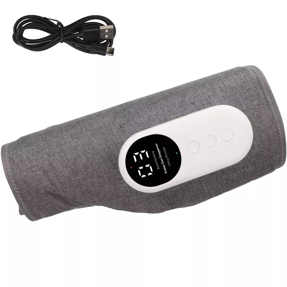 Graue Armbandage mit weißem Bedienfeld, das '63' anzeigt. Ein schwarzes USB-Kabel ist vorhanden. Das Feld hat Knöpfe und Text.