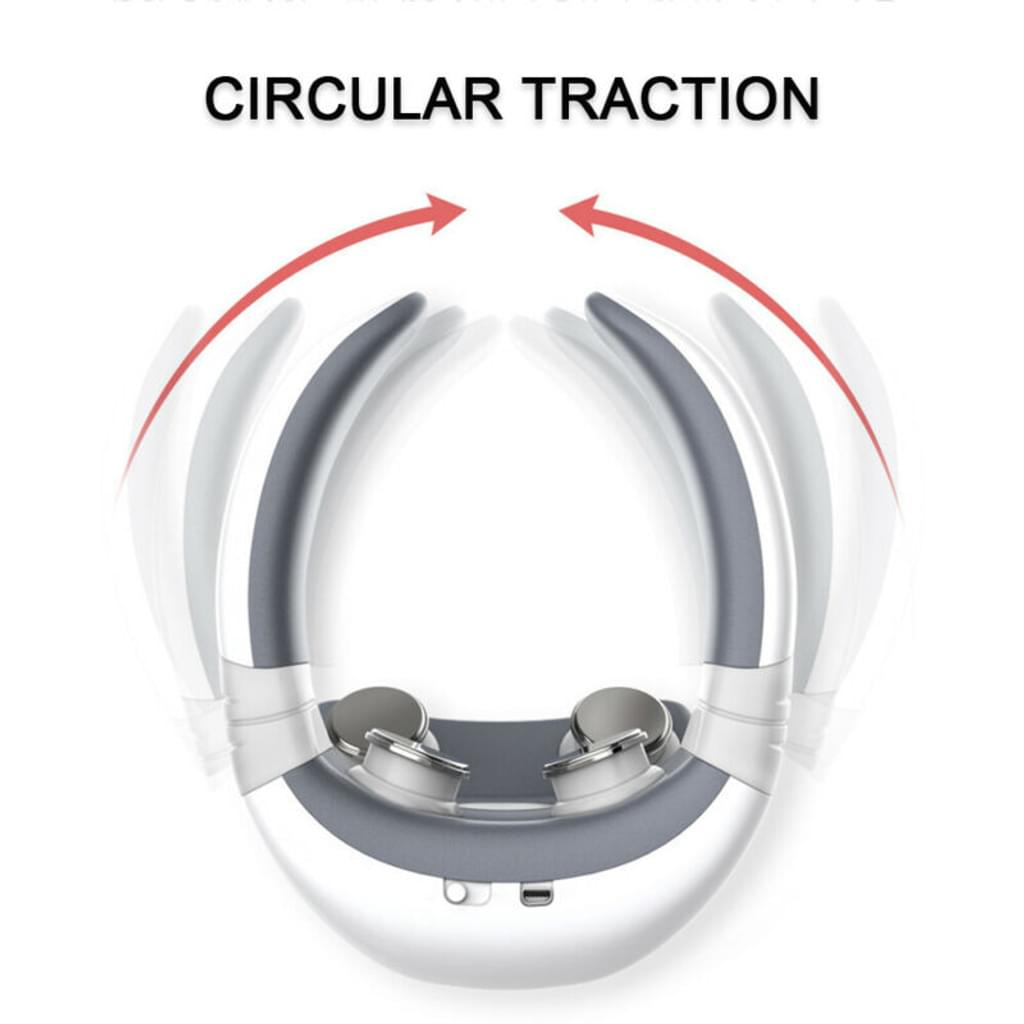 Ein weiß-graues Nackenmassagegerät mit den Worten 'Circular Traction' und roten Pfeilen. Das Gerät hat zwei silberne Kontaktpunkte.