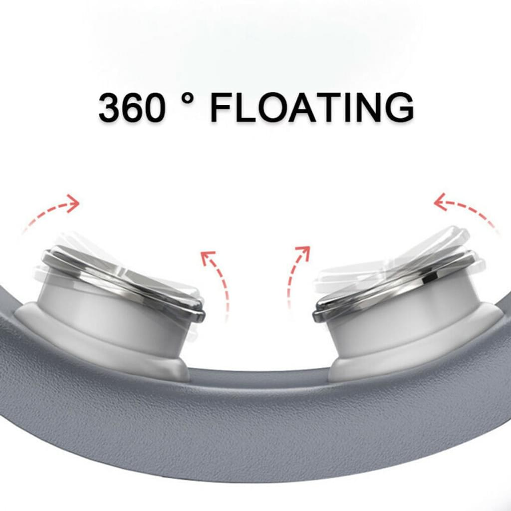 Das Bild zeigt ein 360-Grad-Floating-Design. Zwei weiße und silberne Geräte befinden sich auf einer grauen Basis mit roten Pfeilen.