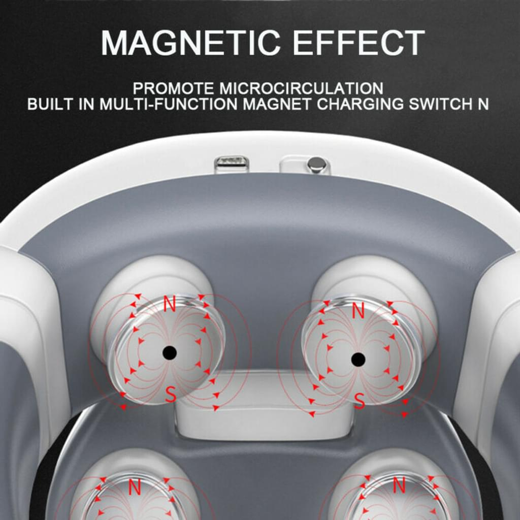 Nahaufnahme eines Massagegeräts. Es zeigt Magneteffektgrafiken mit roten Pfeilen, N- und S-Indikatoren und Text zur Förderung seiner Funktionen.