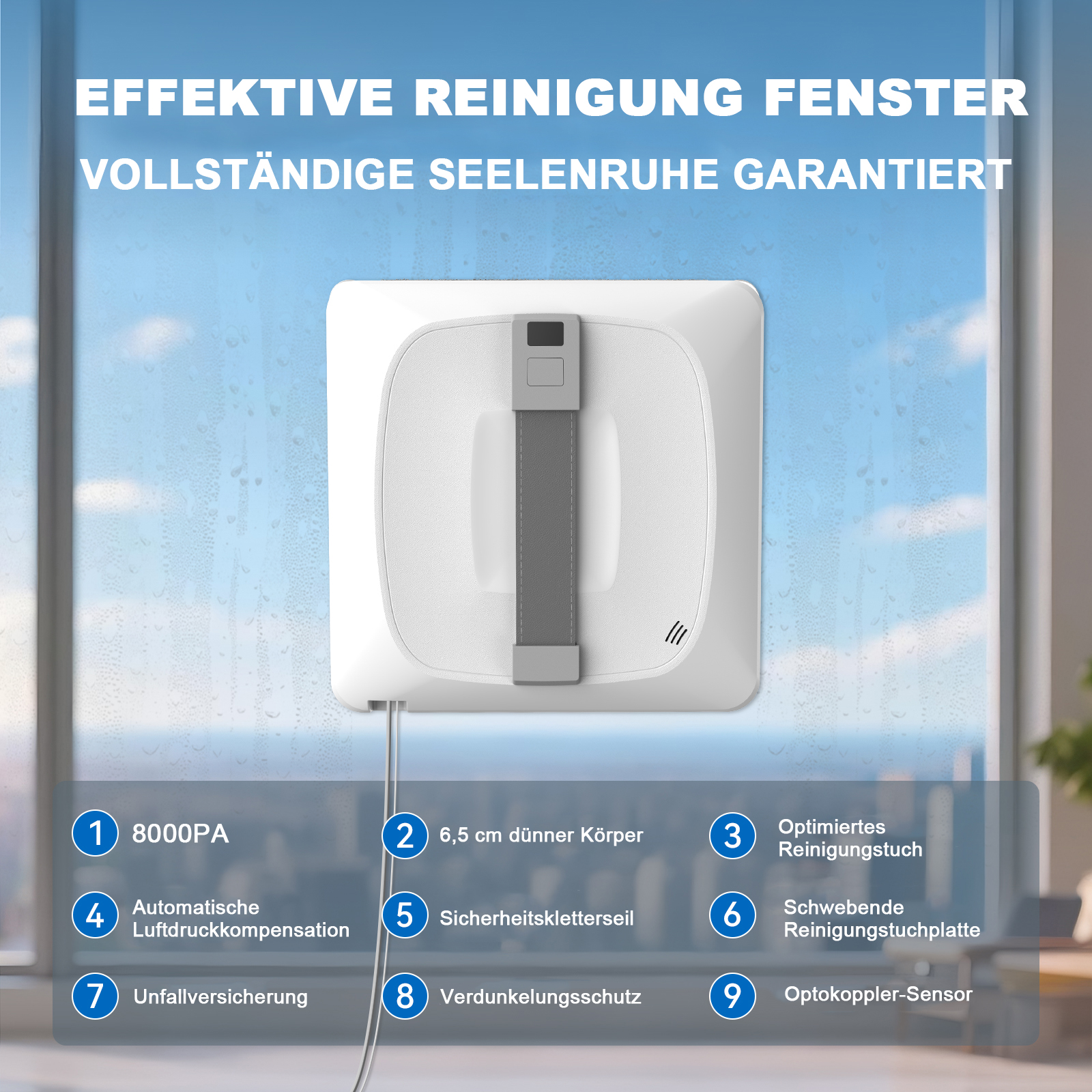 Ein weißer Fensterreiniger mit grauem Griff reinigt ein Fenster. Deutscher Text gibt Produktdetails.