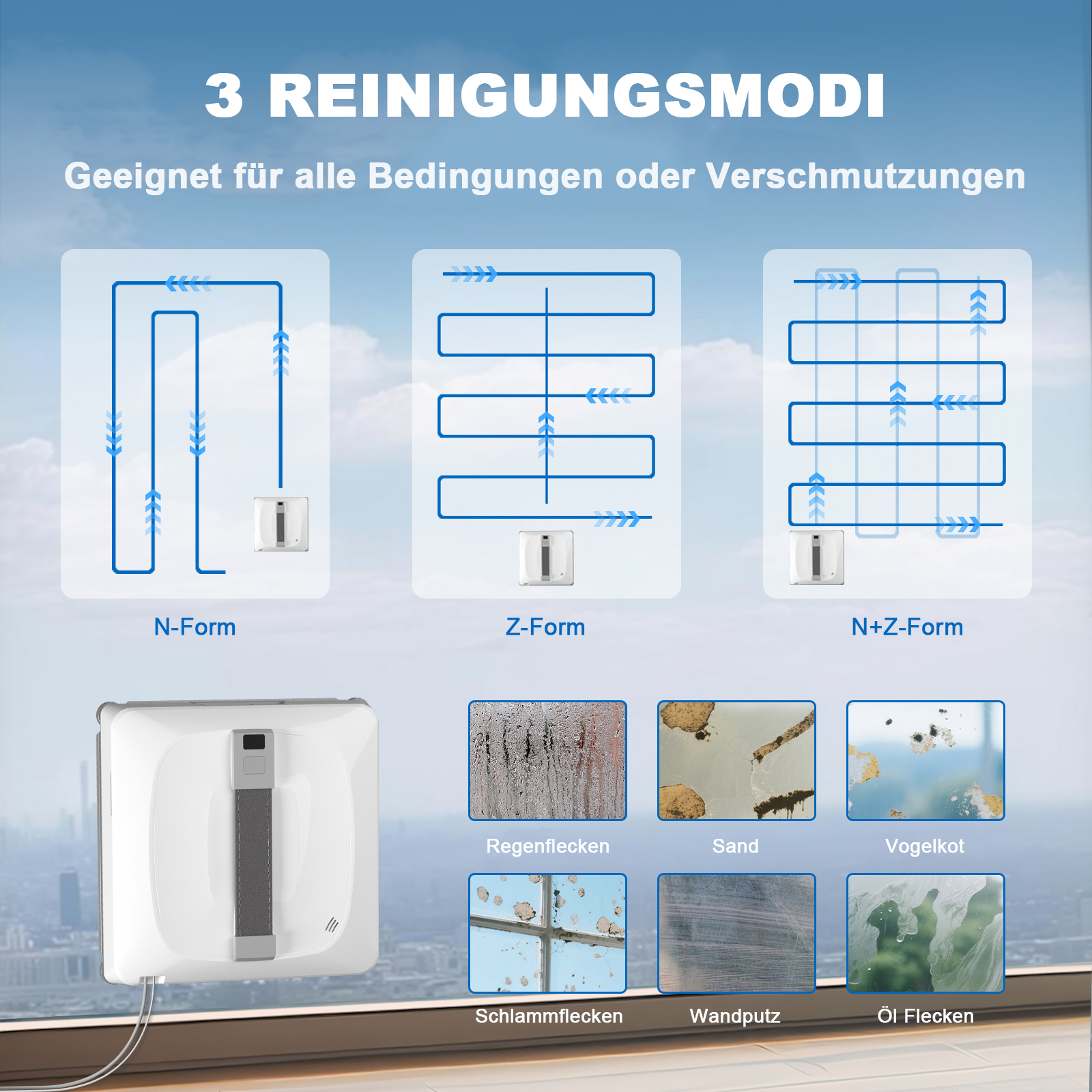 Das Bild zeigt einen Fensterputzer mit 3 Reinigungsmodi. Verschiedene Flecken wie Regen, Sand und Vogelkot werden gezeigt.