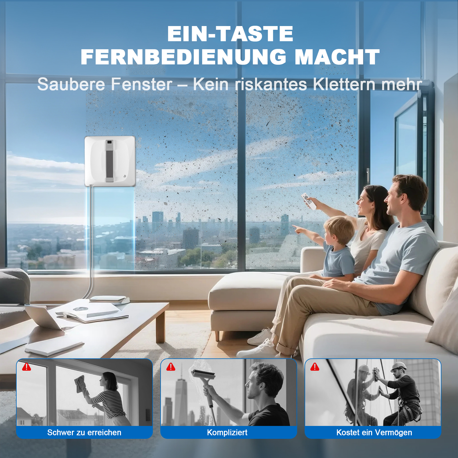 Familie auf einem Sofa zeigt auf einen Fensterputzer. Ein Fensterputzer-Roboter reinigt das Glas. Text auf Deutsch.