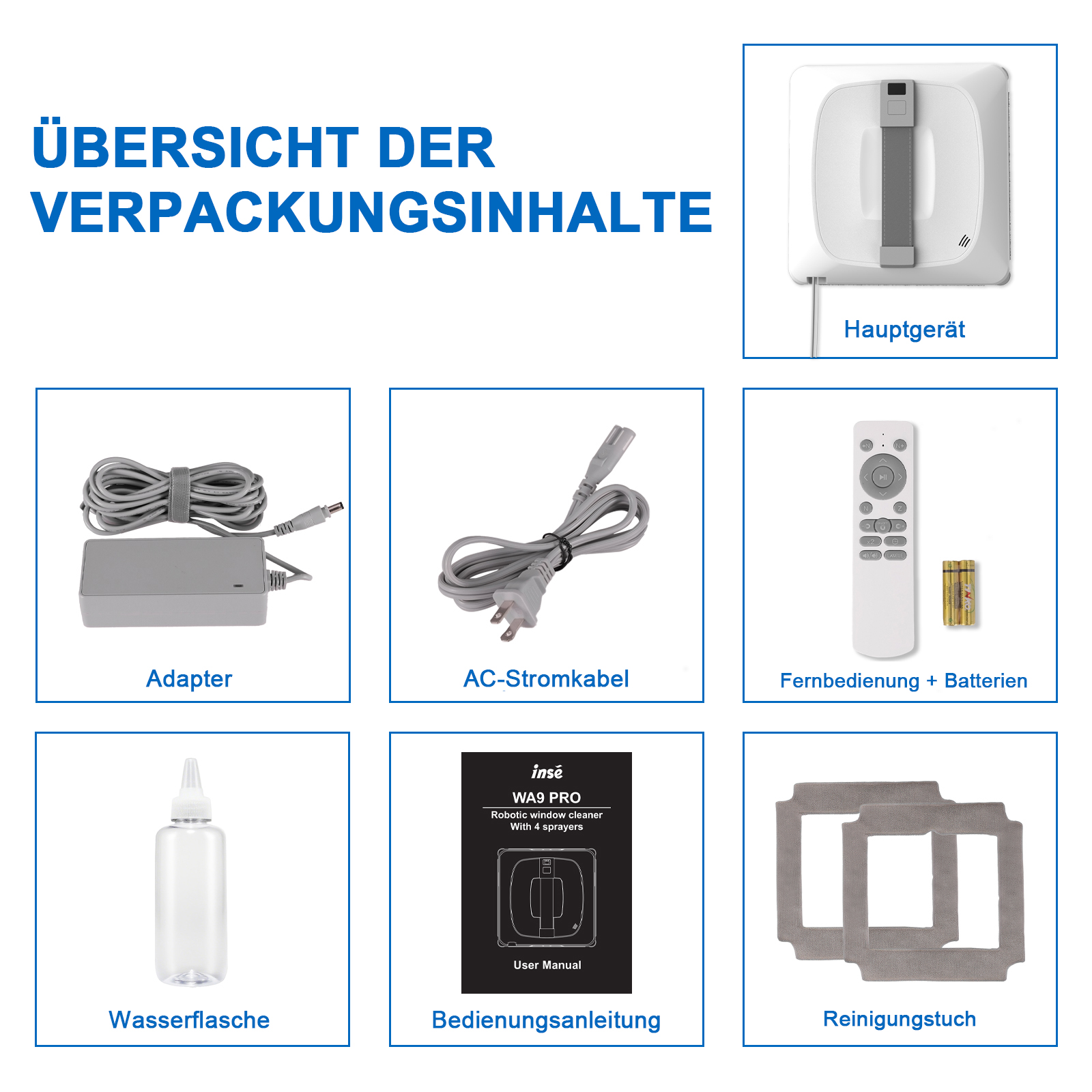 Das Bild zeigt den Inhalt eines Fensterreinigers: Reiniger, Adapter, Kabel, Fernbedienung, Batterien, Flasche, Handbuch und Tücher.