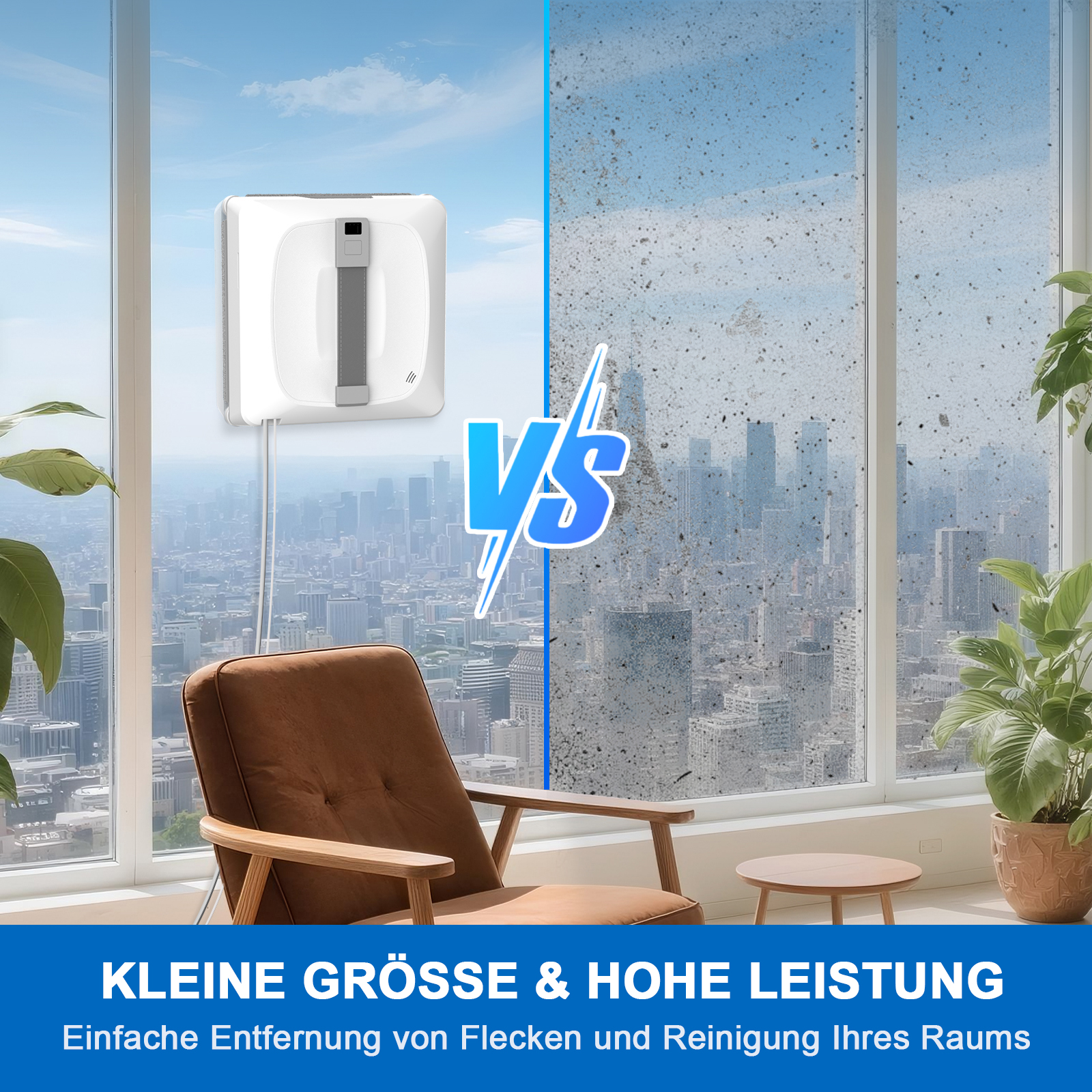 Ein Fensterreiniger auf sauberem Glas vs. einem schmutzigen. Davor sind ein Stuhl, ein Tisch und Pflanzen zu sehen.