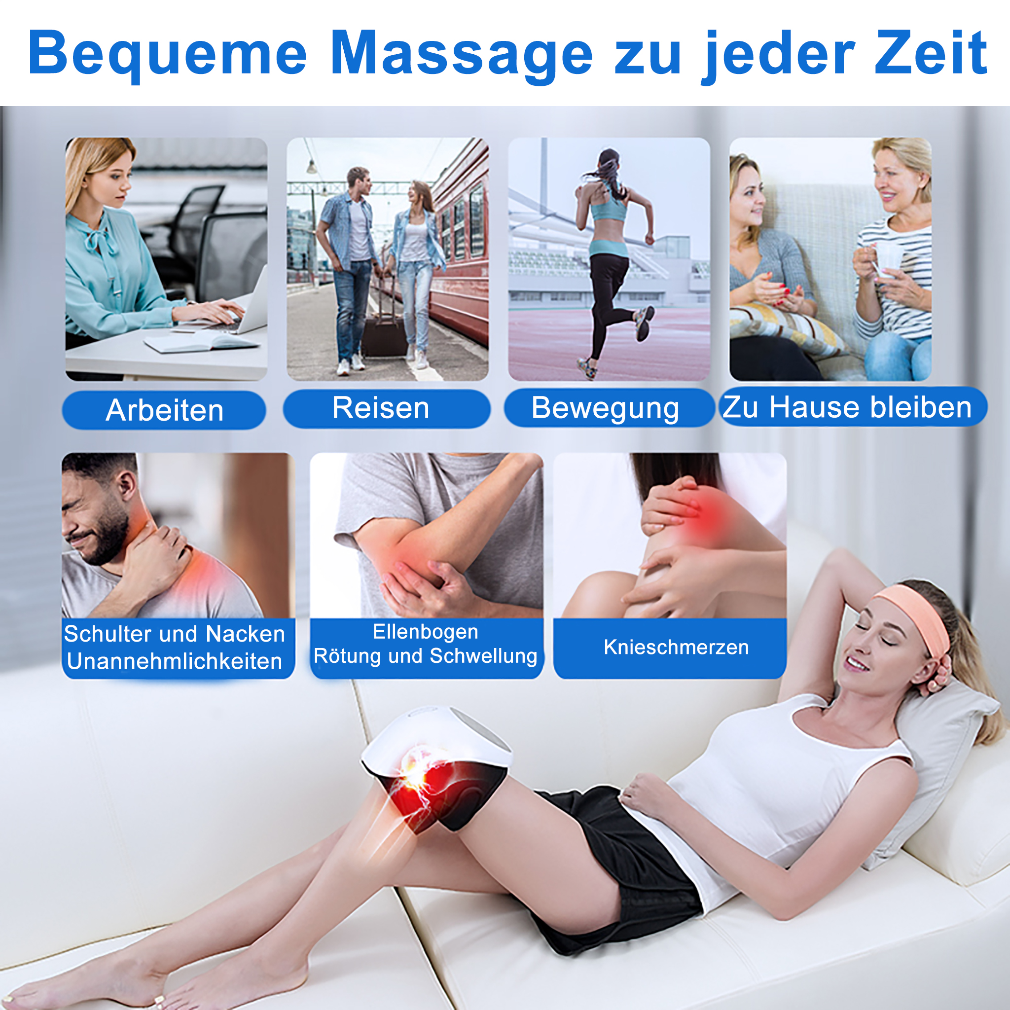 Das Bild zeigt Massagegeräte für verschiedene Aktivitäten: Arbeiten, Reisen, Sport und Entspannung zu Hause, mit Schmerzlinderung.