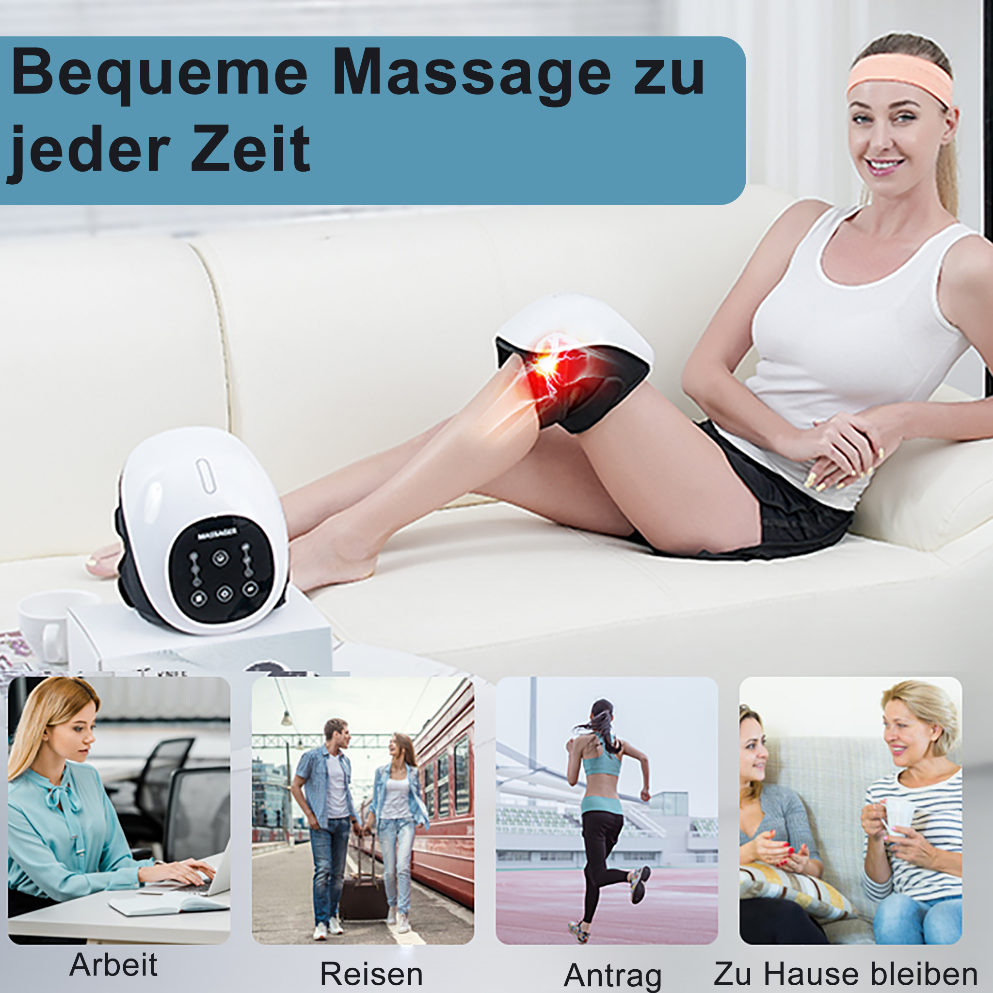 Eine Frau benutzt ein Knie-Massagegerät. Das Bild zeigt ein Massagegerät und vier Lifestyle-Szenen.