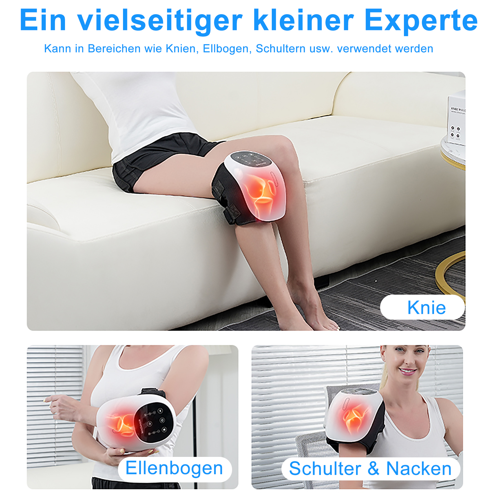 Das Bild zeigt eine Person, die ein Knie-Massagegerät benutzt. Weitere Bilder zeigen es am Ellbogen und an der Schulter.