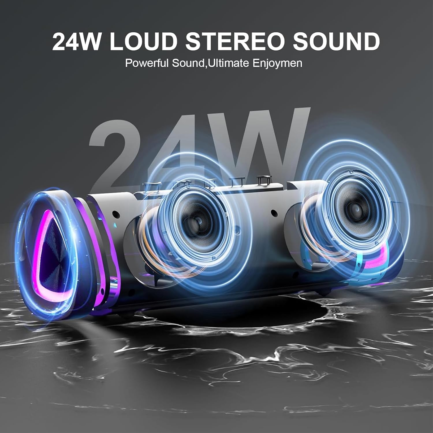 Głośnik stereo z świecącymi światłami. Tekst na górze to 24W głośny dźwięk stereo. Tło jest ciemnoszare z efektem marmuru.